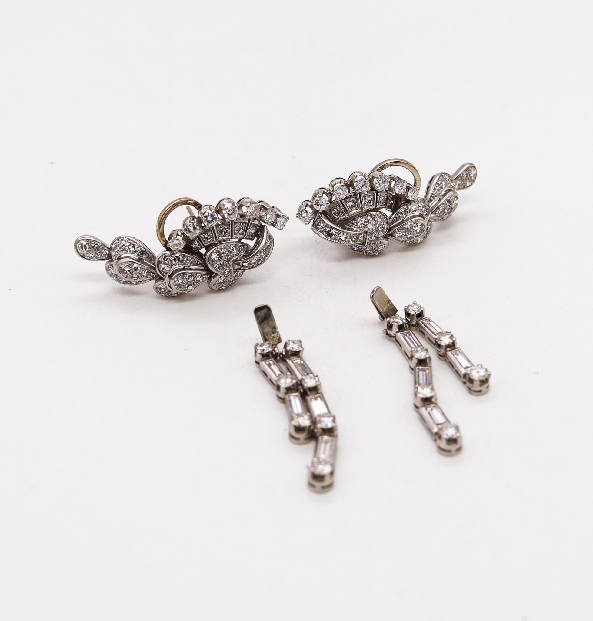 Art Deco convertible clips-earrings

Beautiful elegant day and night pieces, created during the American Art-deco period, circa 1930's. These convertible dismountable pair of clips earrings were carefully crafted and assembled in solid .900/.999
