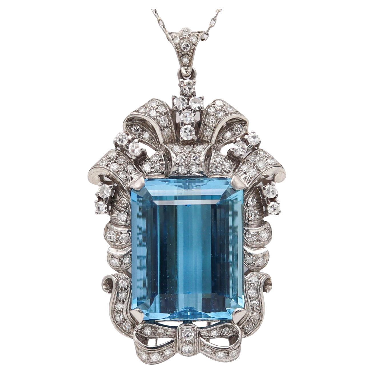 Art Deco 1930 Convertible Necklace in Platinum 64.33 Ctw in Aquamarine & Diamond