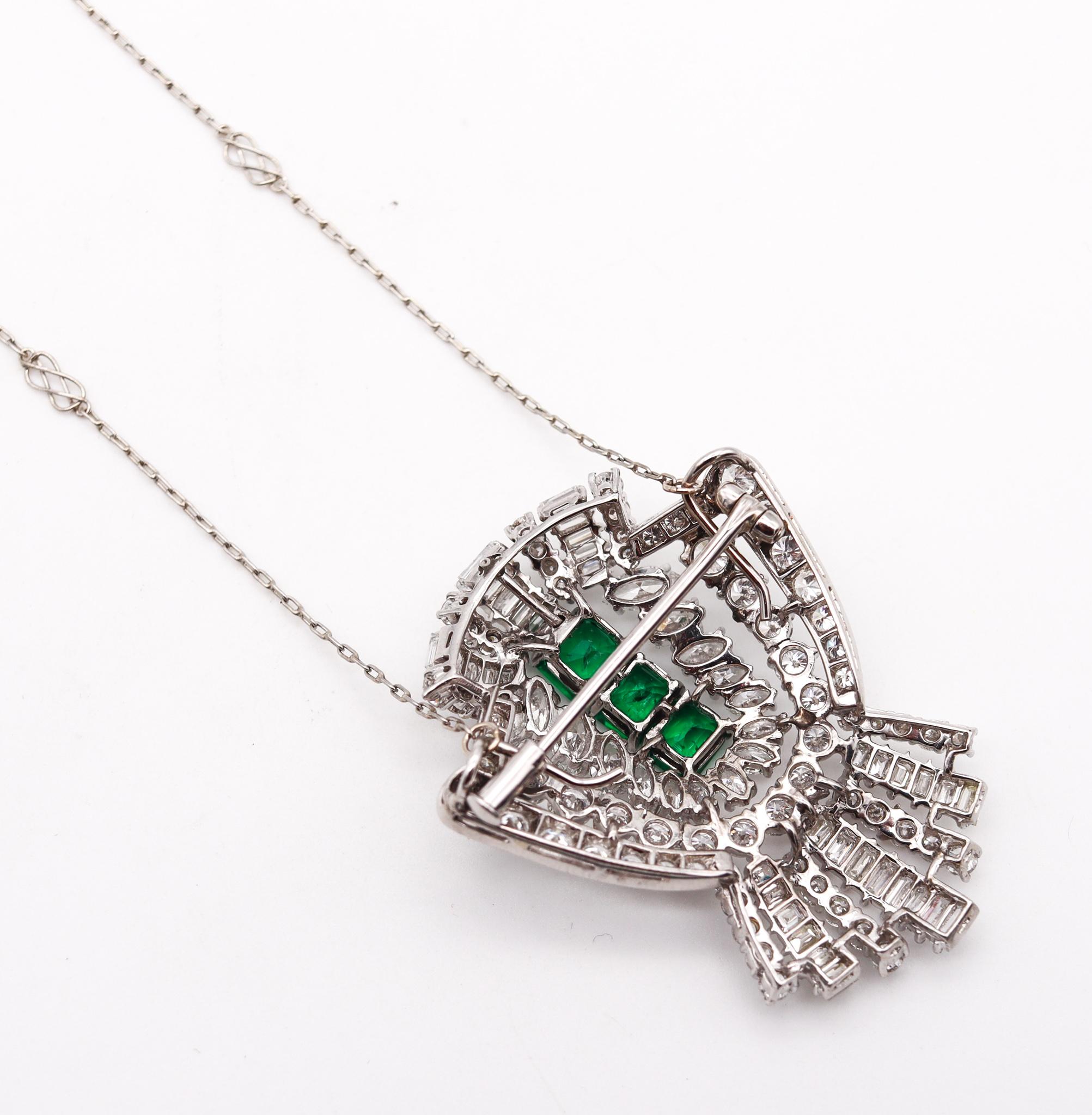 Art Deco 1930 Convertible Pendant Brooch Platinum 11.73 Ctw Diamonds & Emeralds For Sale 6
