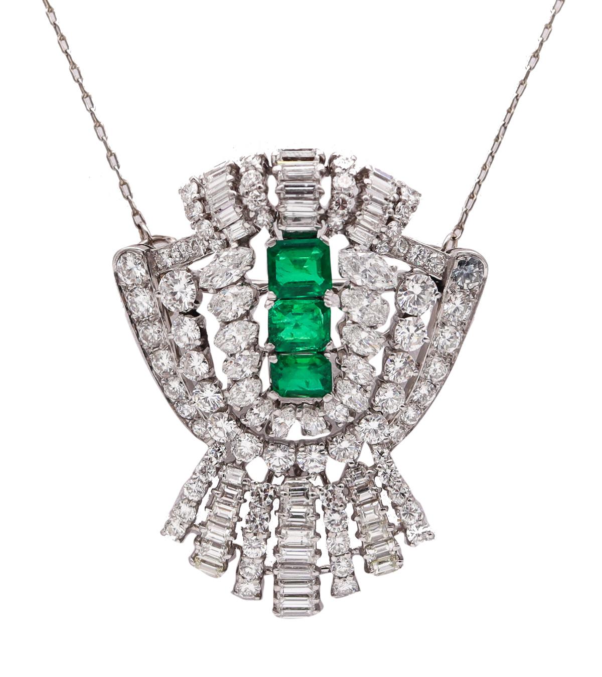 Art Deco 1930 Convertible Pendant Brooch Platinum 11.73 Ctw Diamonds & Emeralds For Sale 2