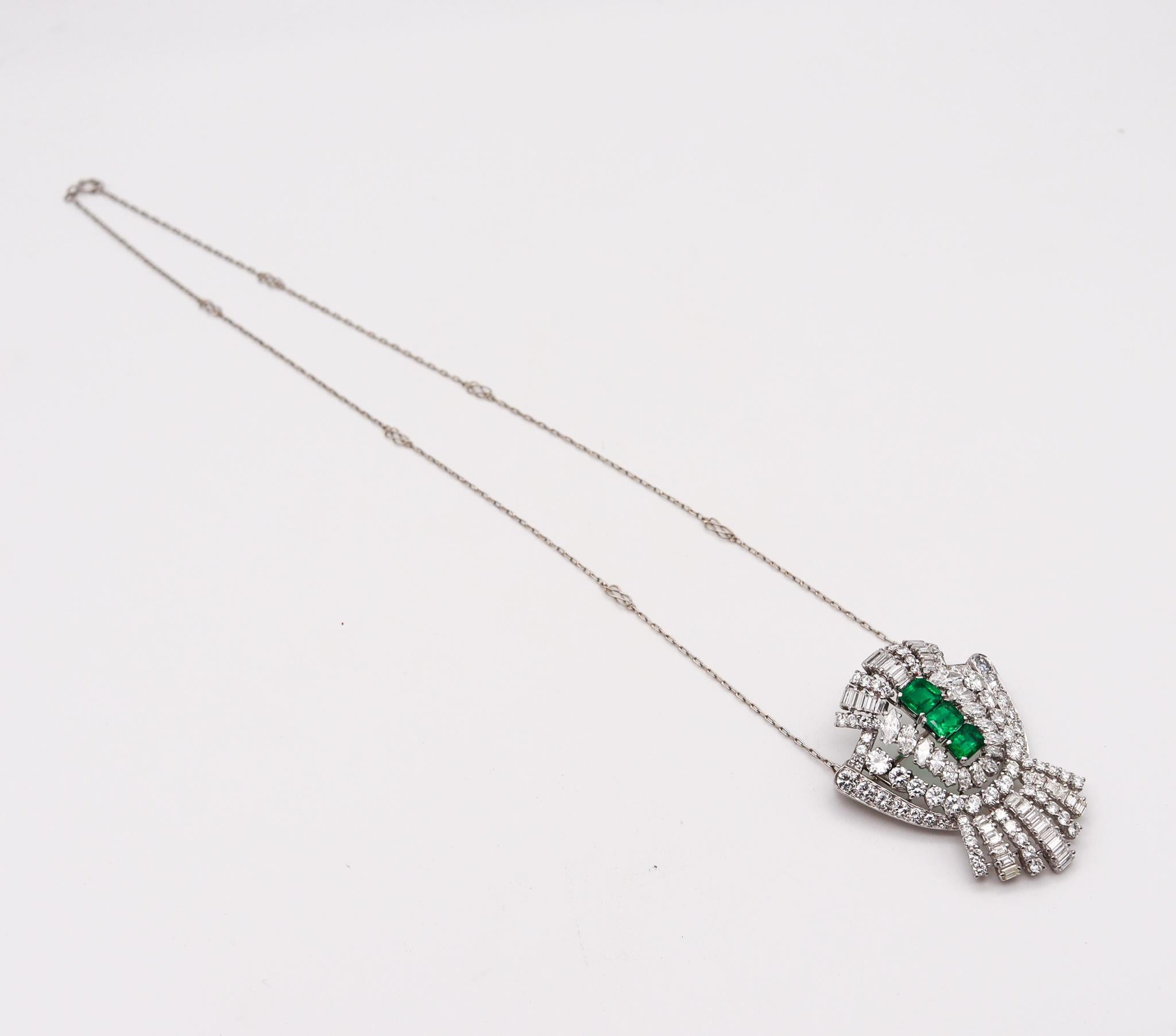 Art Deco 1930 Convertible Pendant Brooch Platinum 11.73 Ctw Diamonds & Emeralds For Sale 4