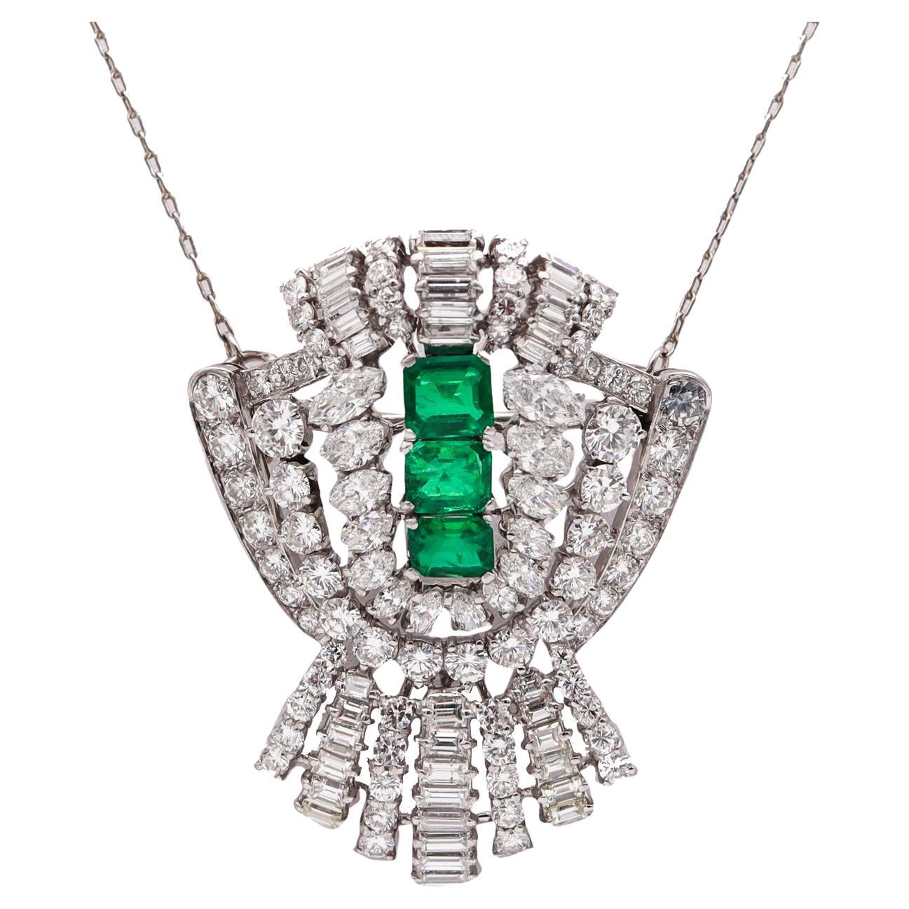Art Deco 1930 Convertible Pendant Brooch Platinum 11.73 Ctw Diamonds & Emeralds