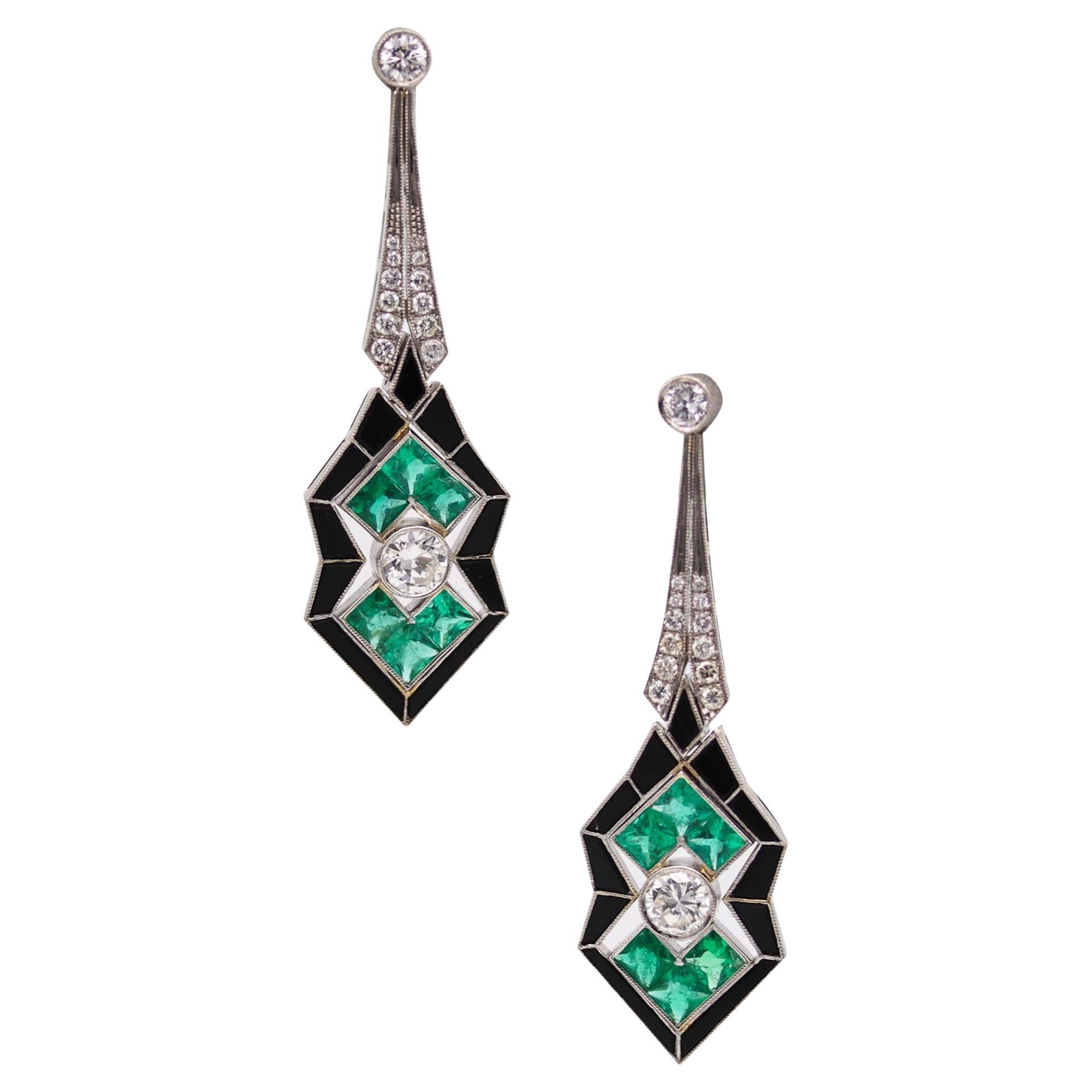Art Deco 1930 Dangle Earrings In Platinum With 10.52 Ctw In Diamonds & Emeralds For Sale