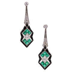 Art Deco 1930 Dangle Earrings In Platinum With 10.52 Ctw In Diamonds & Emeralds