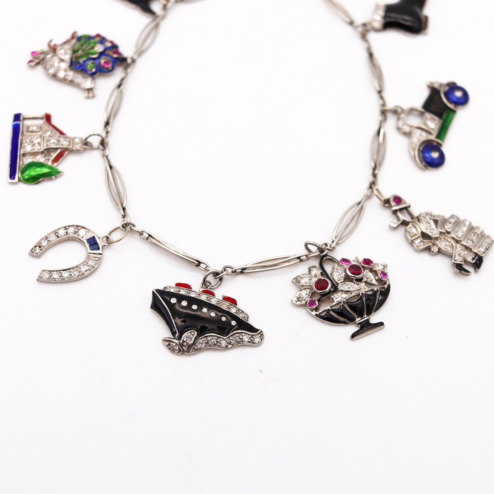 Old European Cut Art Deco 1930 Eight Charms Bracelet In Platinum Enamel With 2.78 Ctw In Diamonds For Sale