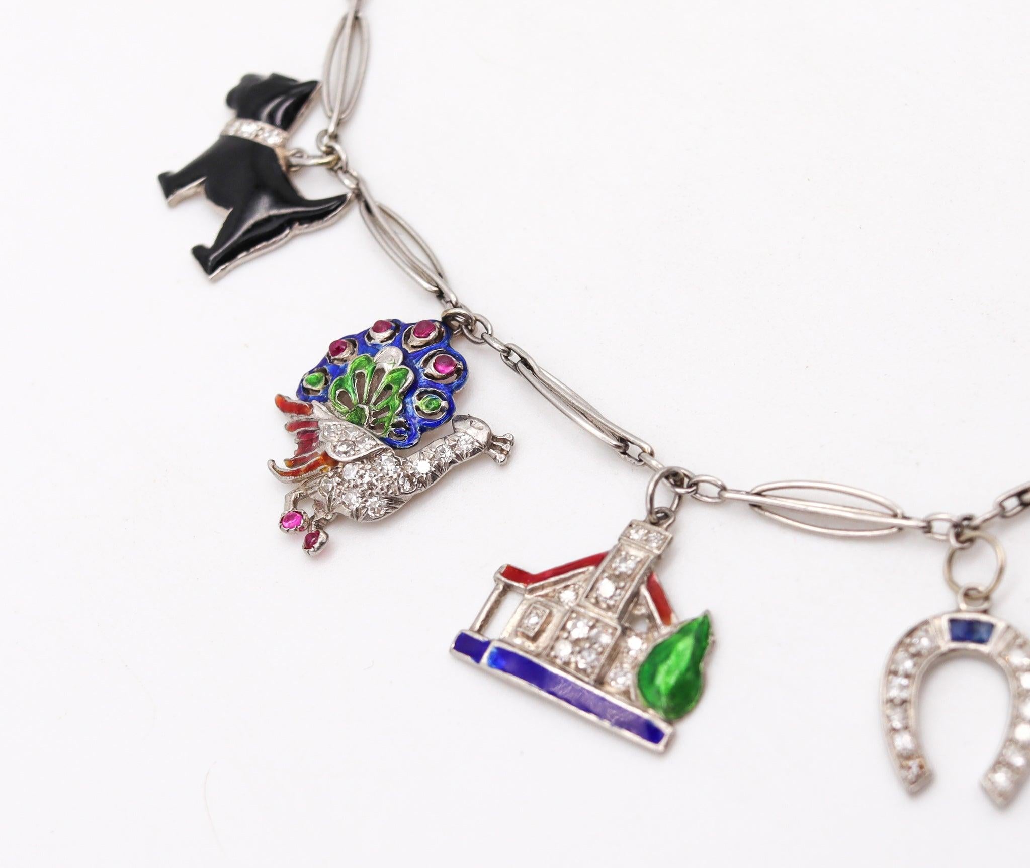 Art Deco 1930 Eight Charms Bracelet In Platinum Enamel With 2.78 Ctw In Diamonds In Excellent Condition For Sale In Miami, FL