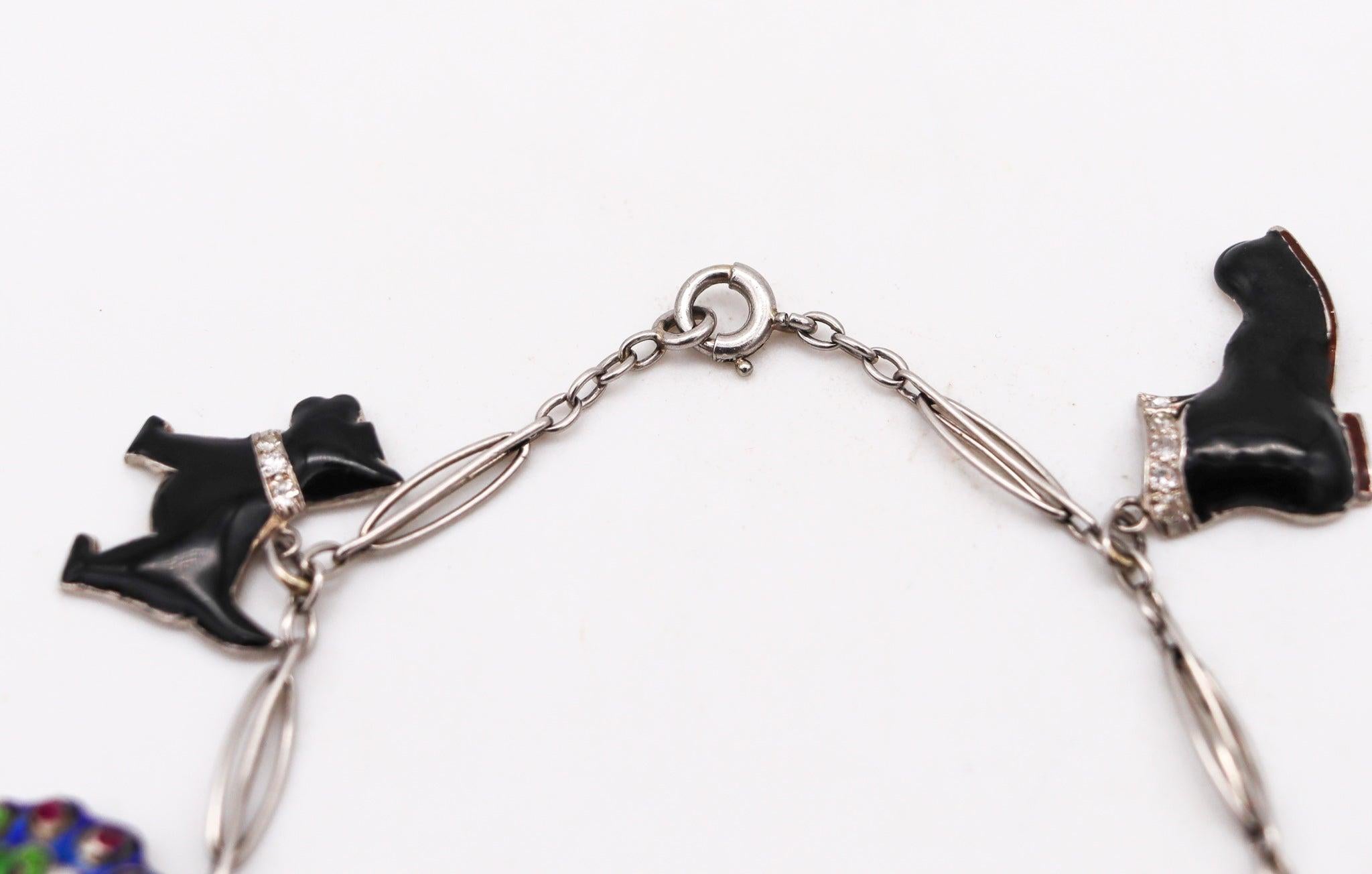 Women's Art Deco 1930 Eight Charms Bracelet In Platinum Enamel With 2.78 Ctw In Diamonds For Sale