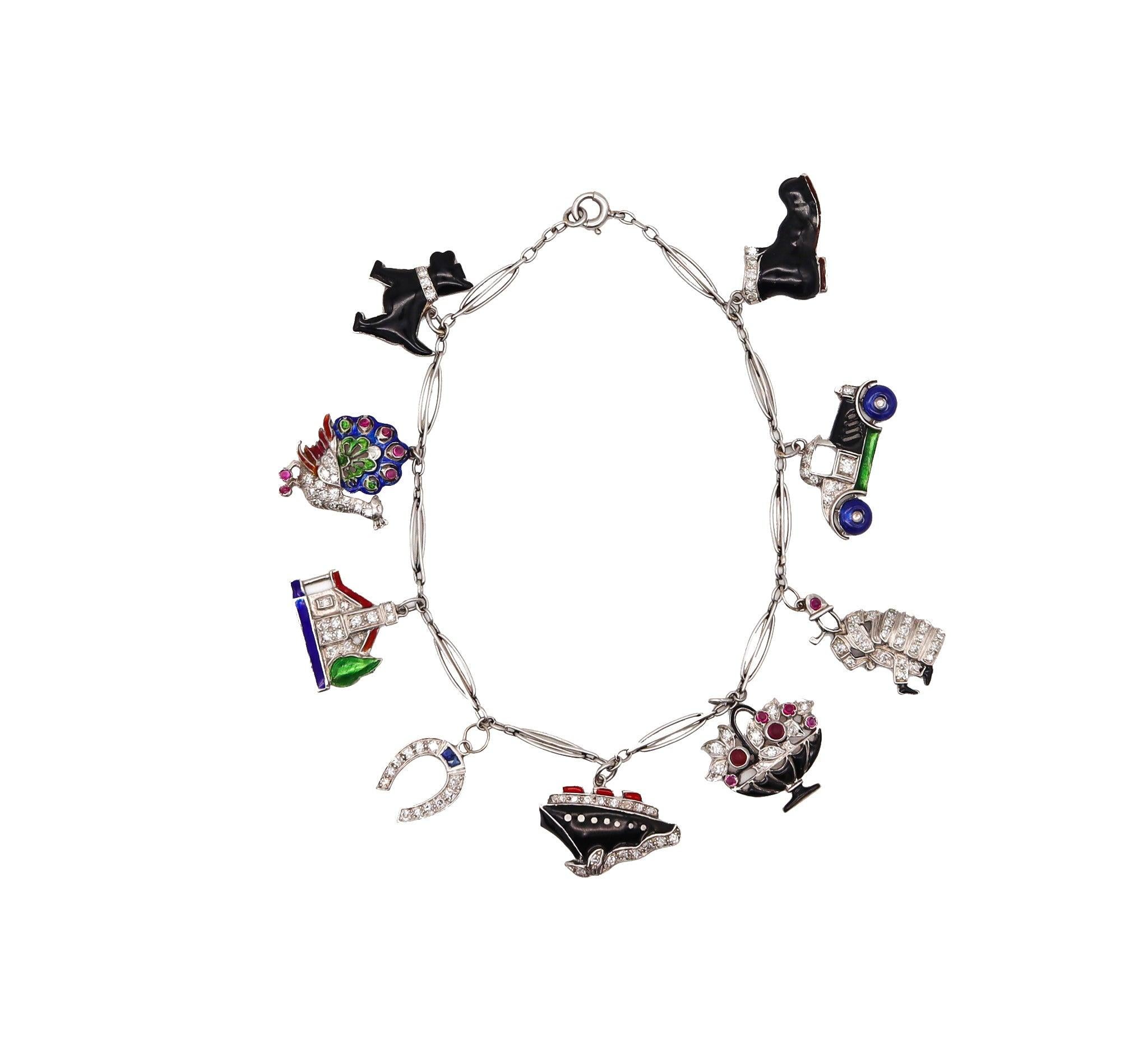Art Deco 1930 Eight Charms Bracelet In Platinum Enamel With 2.78 Ctw In Diamonds For Sale 1