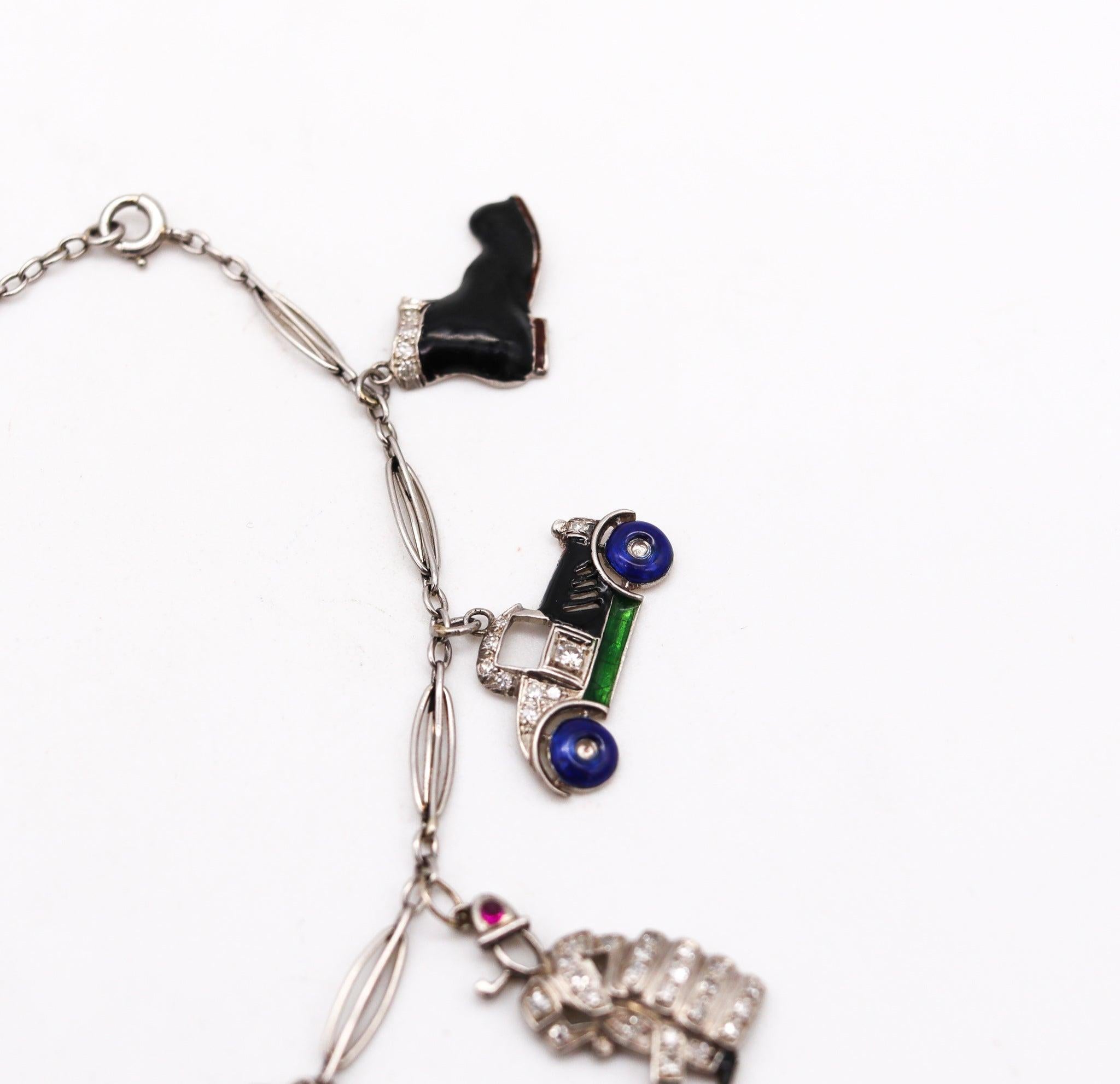 Art Deco 1930 Eight Charms Bracelet In Platinum Enamel With 2.78 Ctw In Diamonds For Sale 2