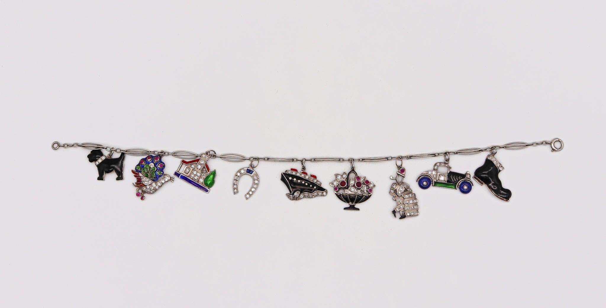 Art Deco 1930 Eight Charms Bracelet In Platinum Enamel With 2.78 Ctw In Diamonds For Sale 3