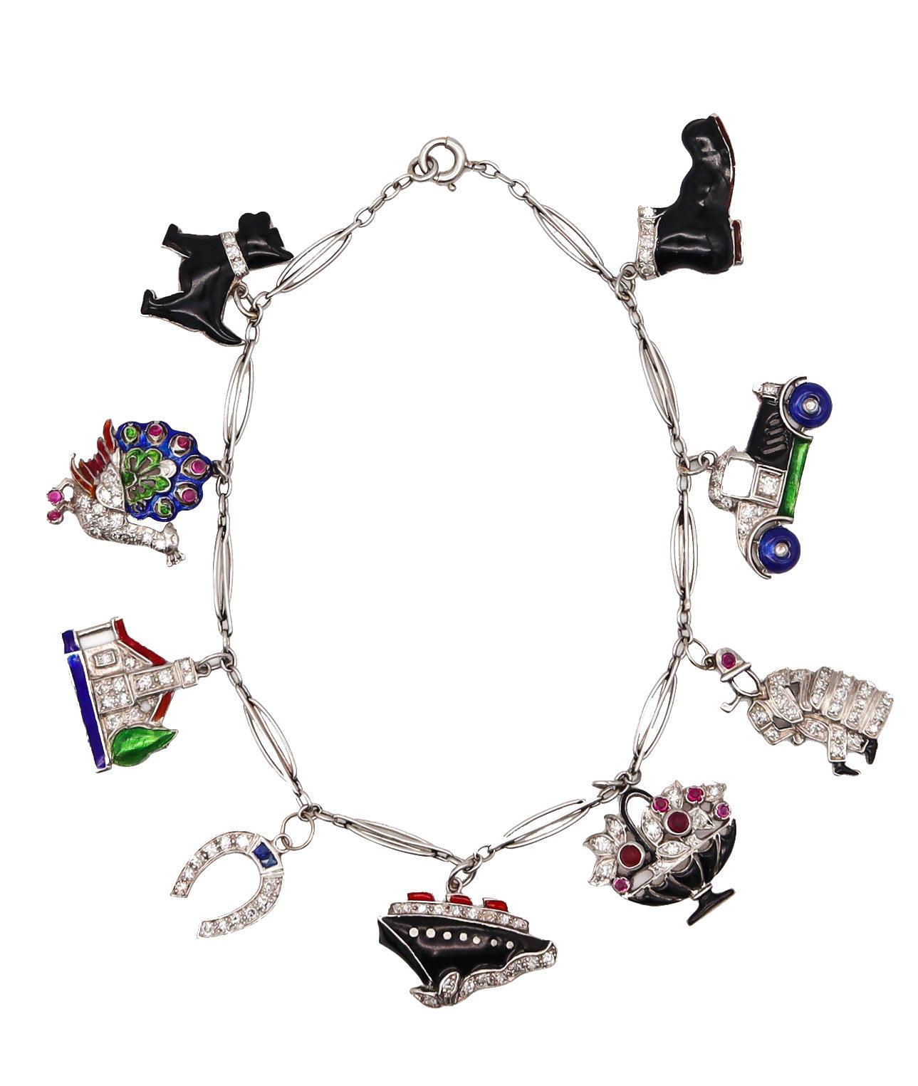 Art Deco 1930 Eight Charms Bracelet In Platinum Enamel With 2.78 Ctw In Diamonds