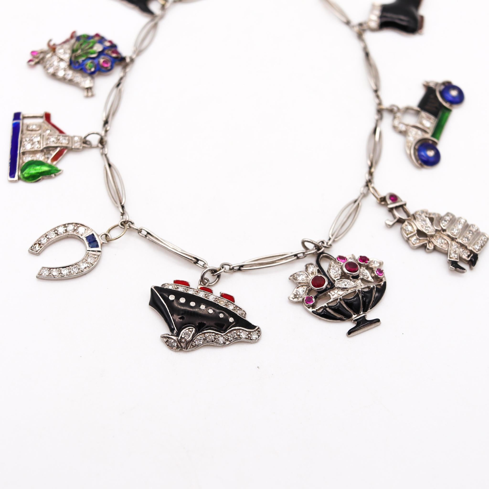 Nine charms bracelet from the art deco period.

Fabulous and very rare charm's bracelet, created during the Art deco period, back in the 1930. It was crafted with beautiful craftsmanship in solid .900/.999 platinum and attached with 9 charms of