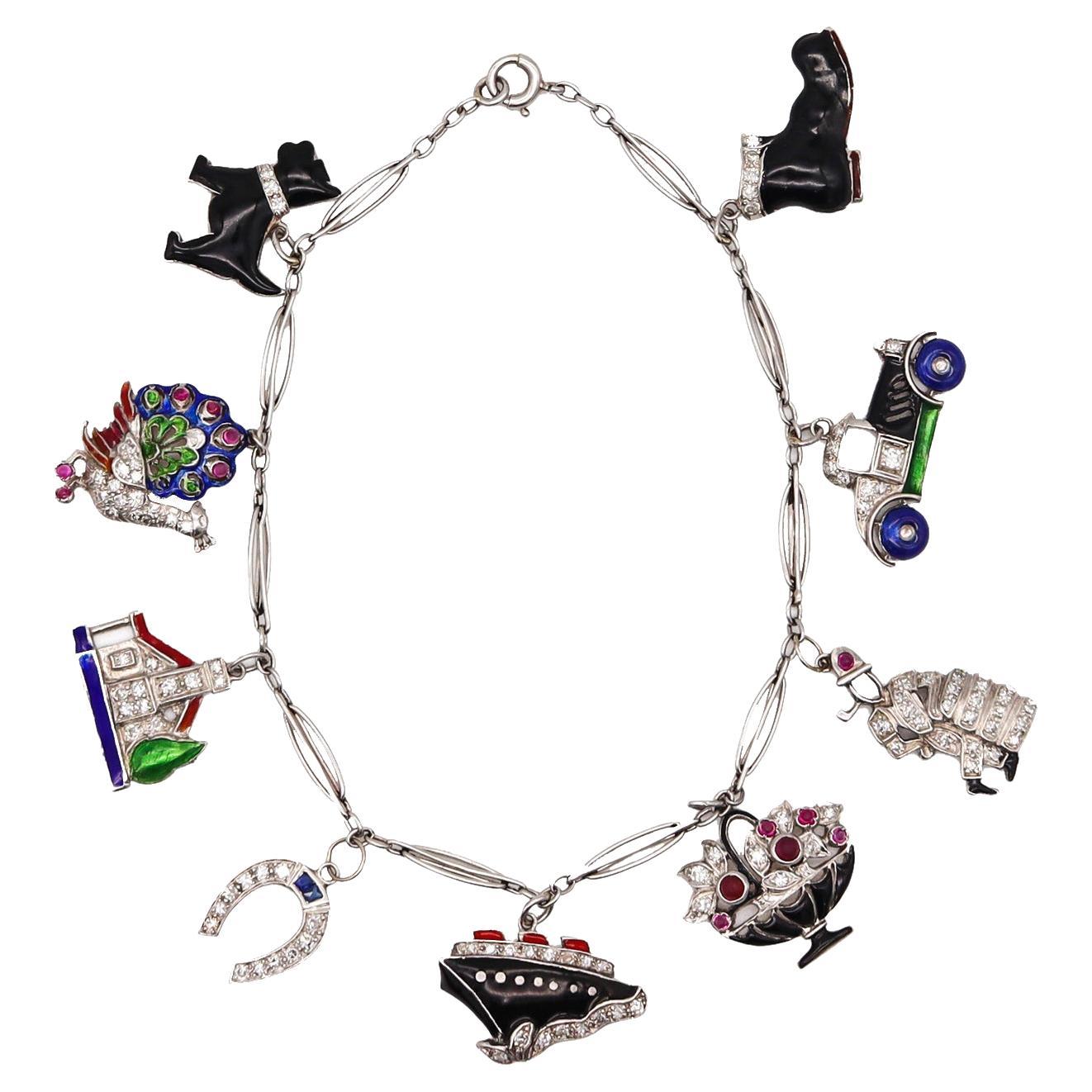 Art Deco 1930 Nine Charms Bracelet in Platinum Enamel with Diamonds and Gems For Sale