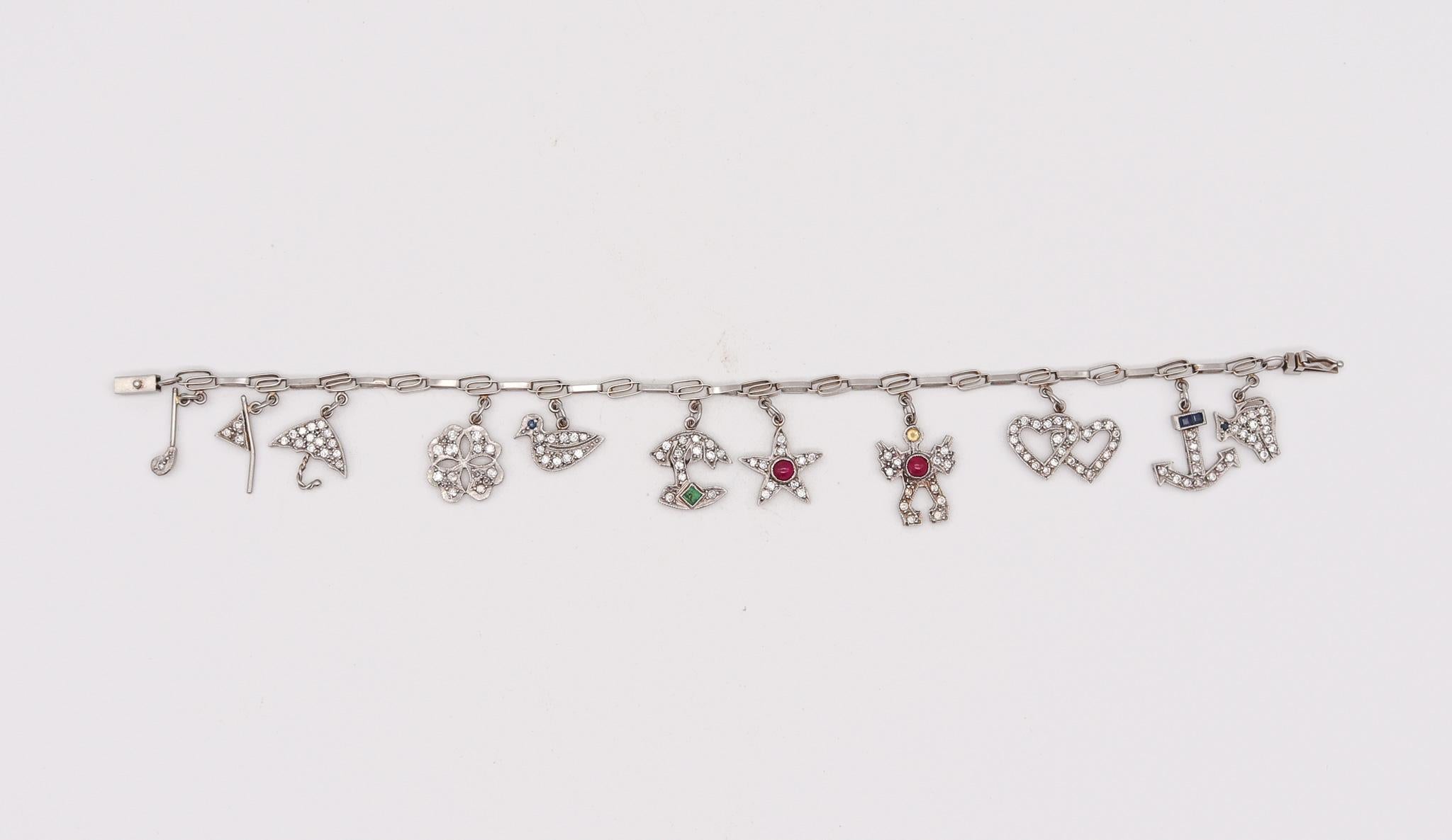 Old European Cut Art Deco 1930 Eleven Charms Bracelet in Platinum Enamel with 3.48ctw in Diamond For Sale