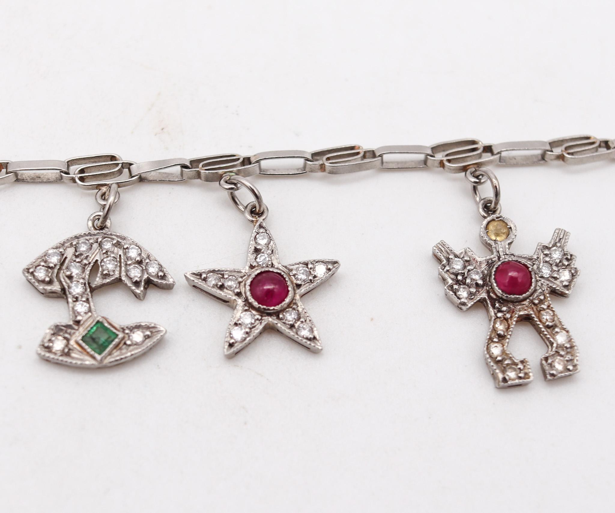 Art Deco 1930 Eleven Charms Bracelet in Platinum Enamel with 3.48ctw in Diamond In Excellent Condition For Sale In Miami, FL