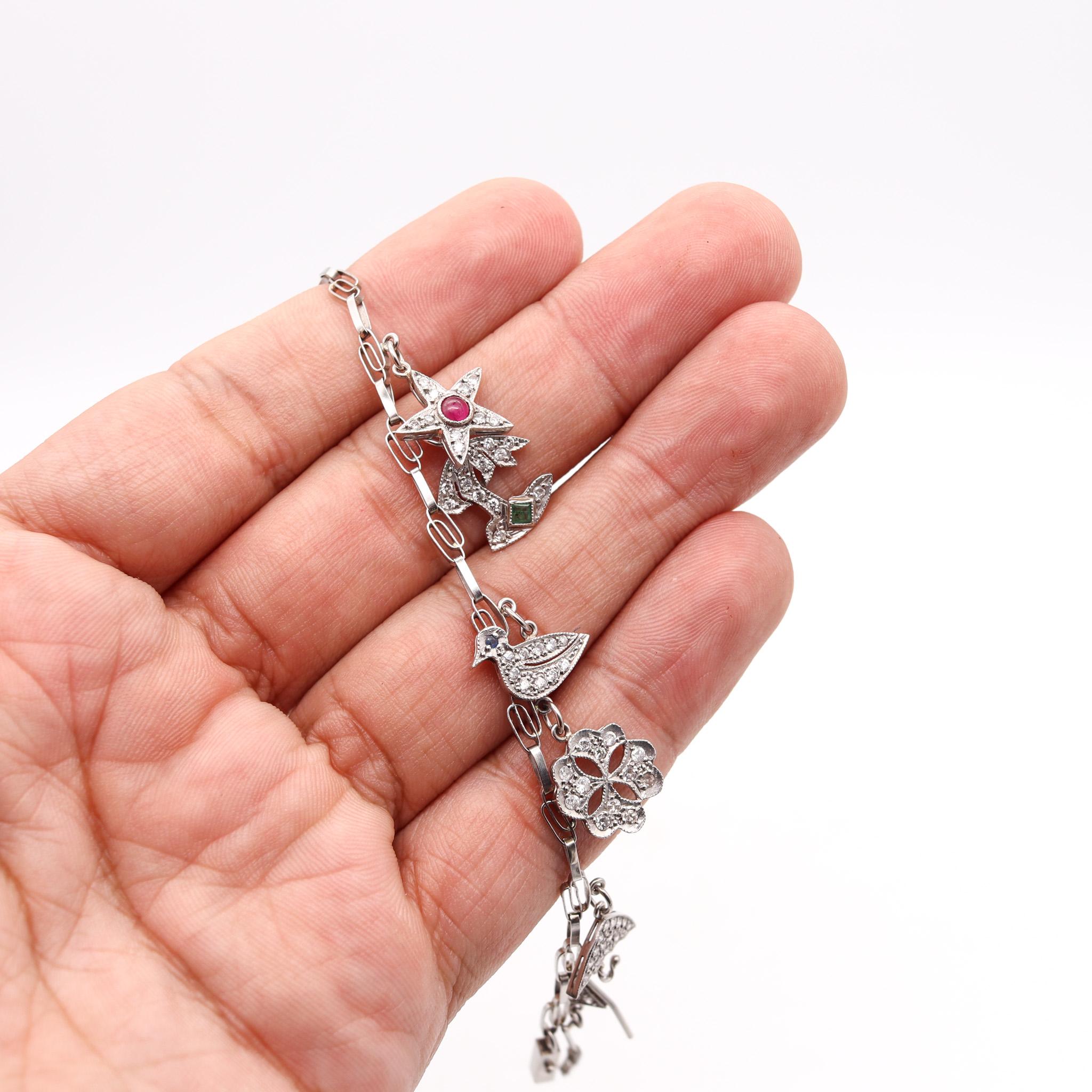 Art Deco 1930 Eleven Charms Bracelet in Platinum Enamel with 3.48ctw in Diamond For Sale 1