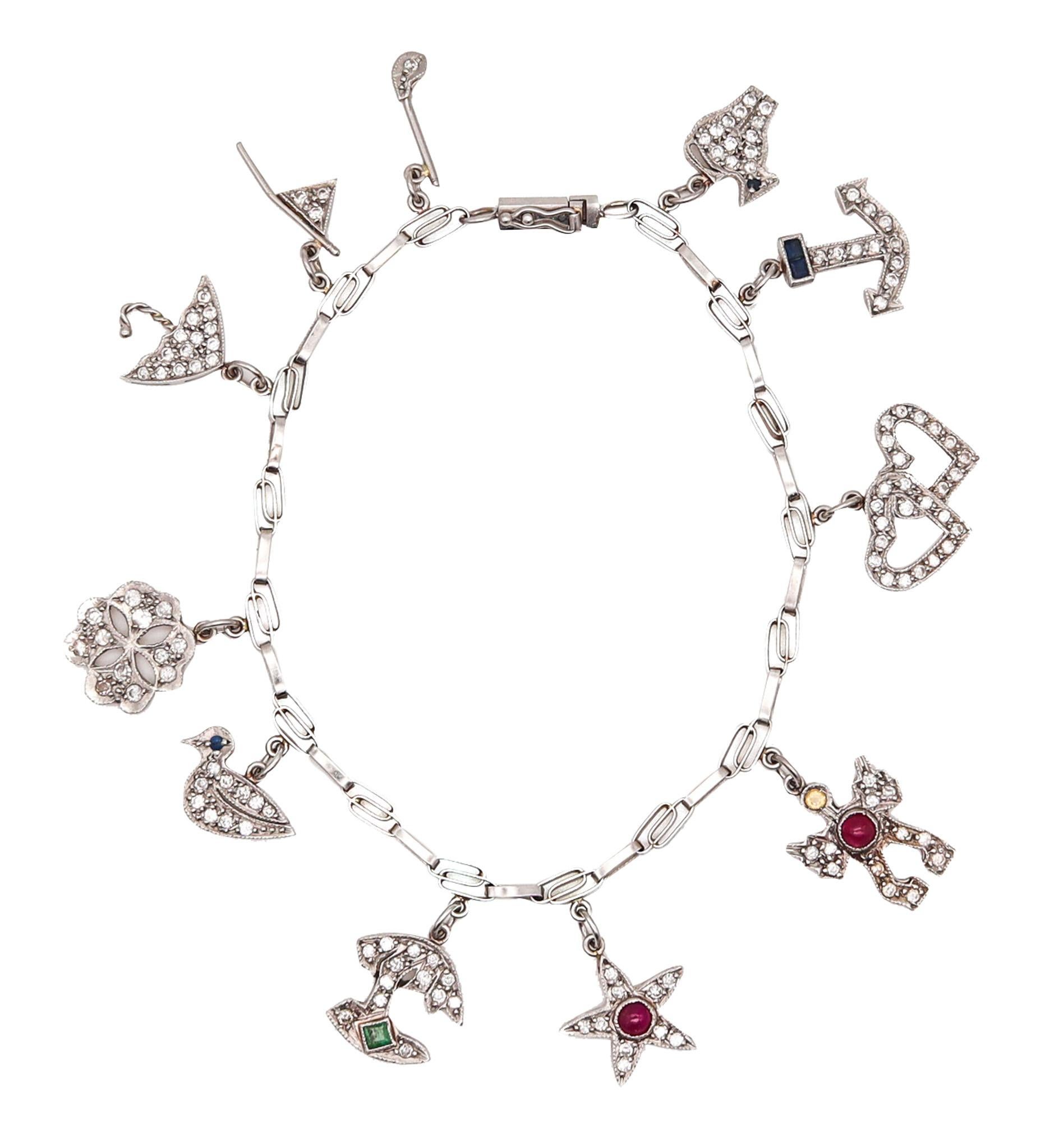Art Deco 1930 Eleven Charms Bracelet in Platinum Enamel with 3.48ctw in Diamond For Sale
