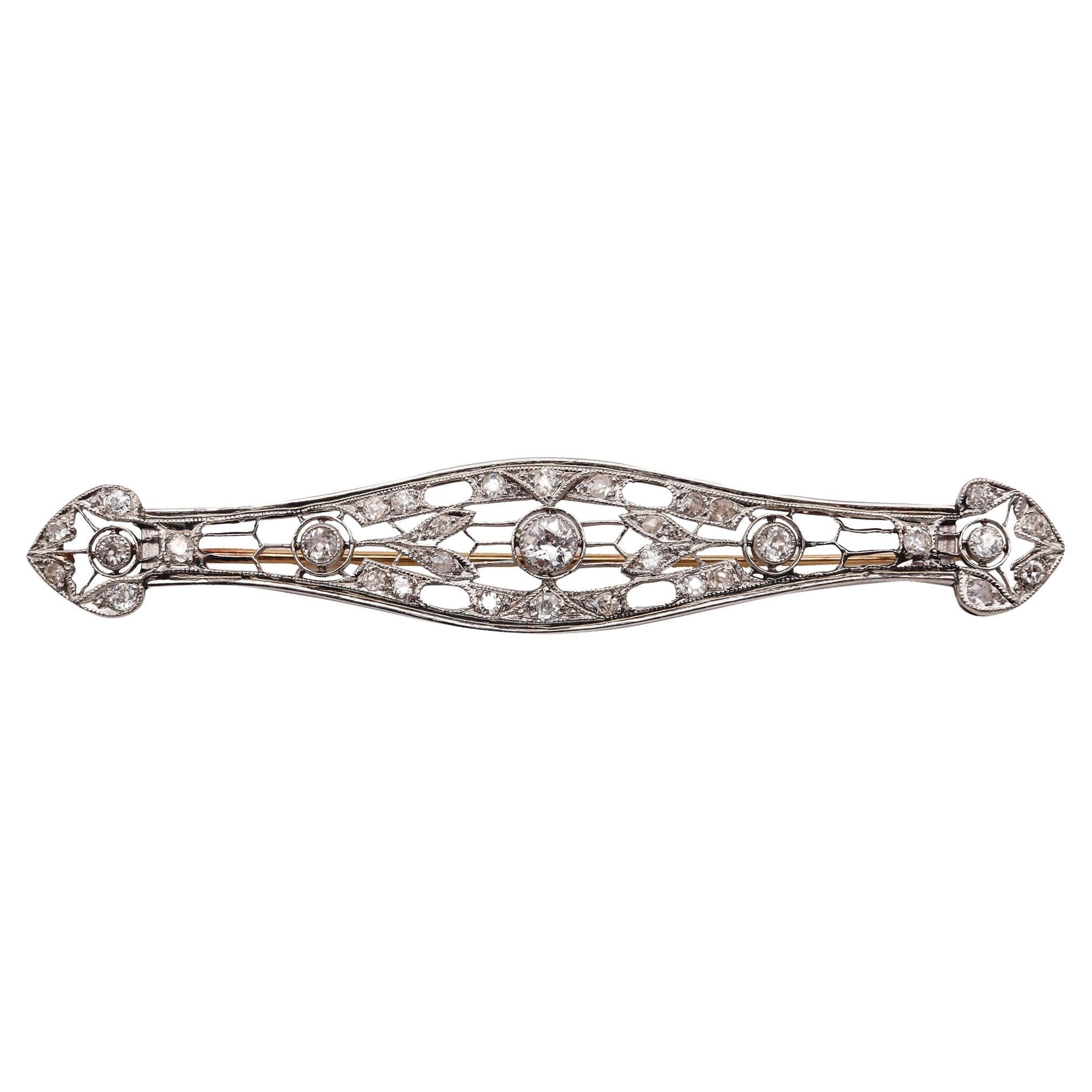 Art Deco 1930 Elongated Classic Brooch In Platinum With 2.38 Ctw In Diamonds For Sale