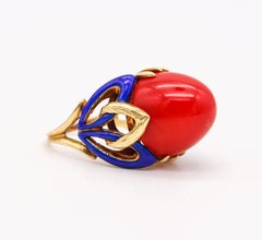 Art Deco 1930 Enamelled Cocktail Ring 18Kt Yellow Gold with Red Ox Blood Coral