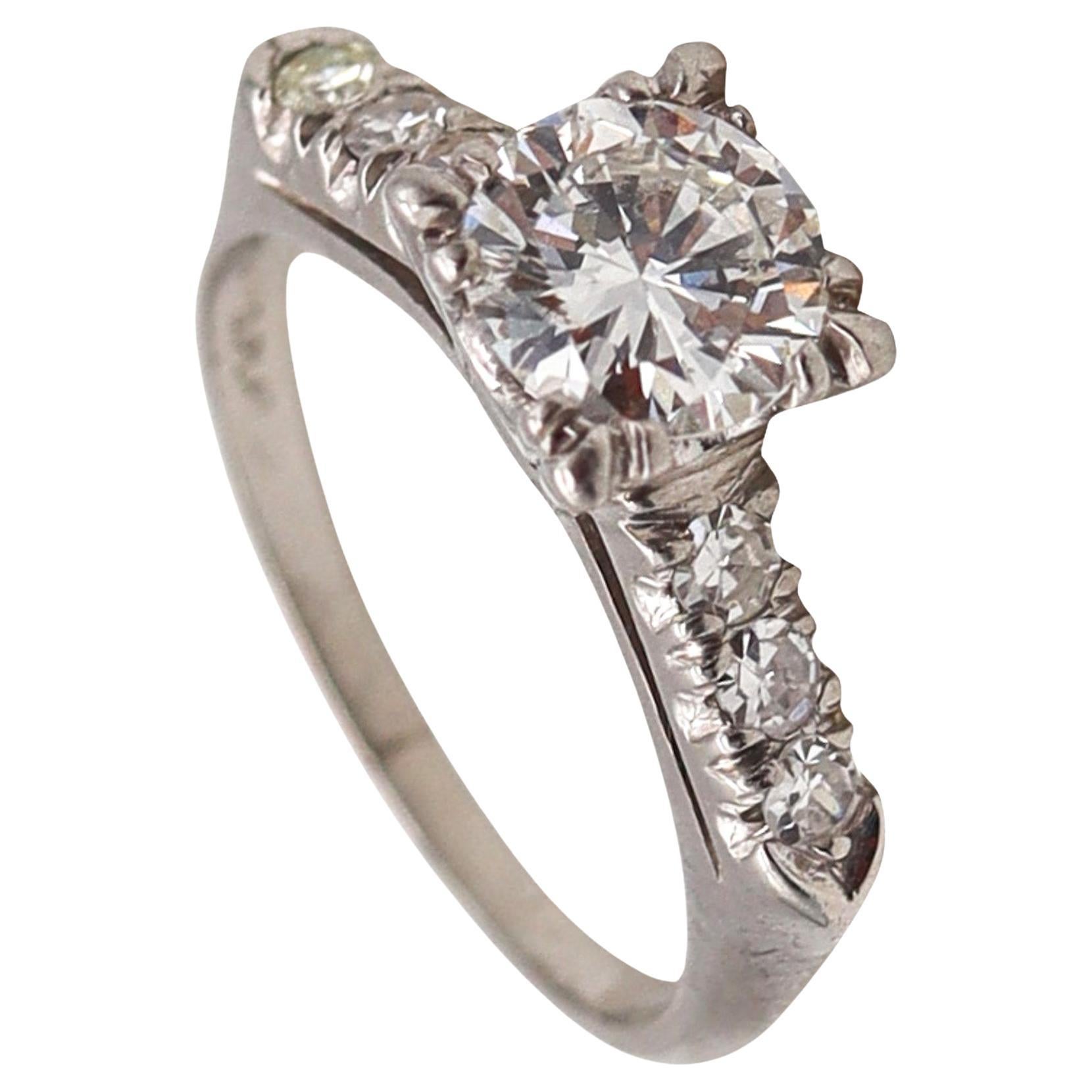 Anello di fidanzamento Art Deco 1930 in platino con 1,27 carati di diamanti bianchi VS