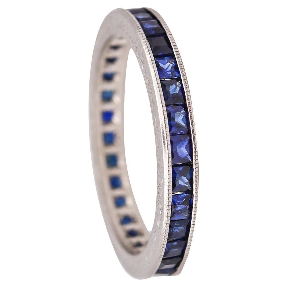 Art Deco 1930 Eternity Band Ring in Platinum with 1.50 Ctw French Cut Sapphires For Sale