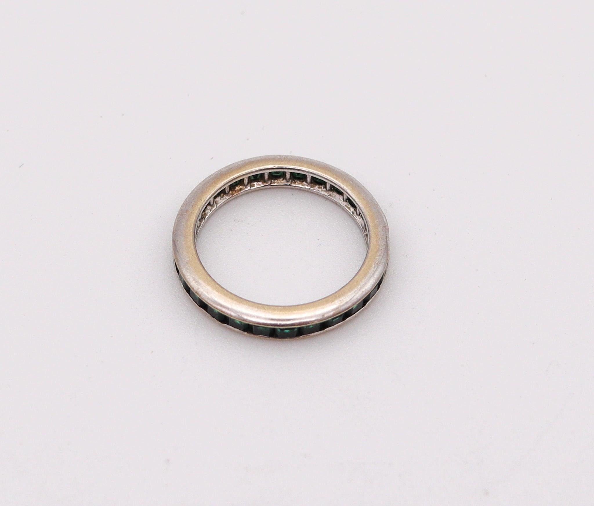 French Cut ART DECO 1930 Eternity Ring Band In 14Kt White Gold With Vivid Green Emeralds