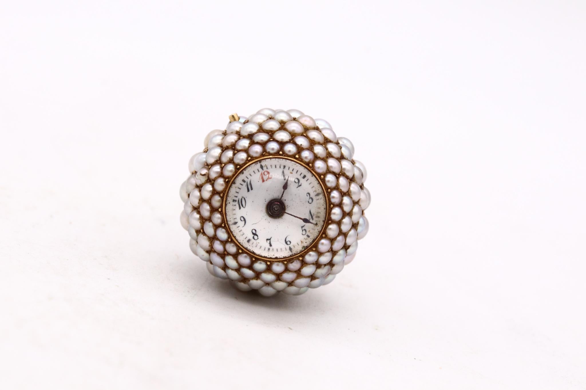 Women's or Men's Art Deco 1930 European Spherical Watch Pendant In 18Kt Gold With Gradated Pearls