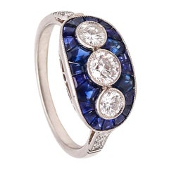 Art Deco 1930 Edelsteinbesetzter Ring aus Platin mit 3,06 Karat Diamanten und Saphiren