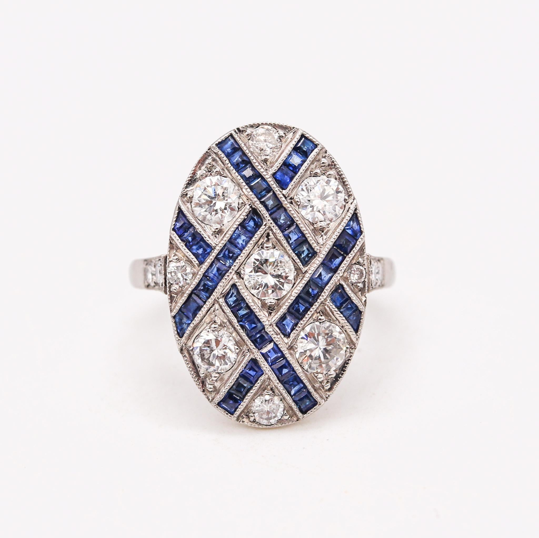 Art Deco Gem Set Ring.

Beautiful genuine period piece, created during the American art Deco period, Circa 1930's. This ring has been crafted with geometric patterns in solid .900/.999 platinum and embellished with a great selection of natural
