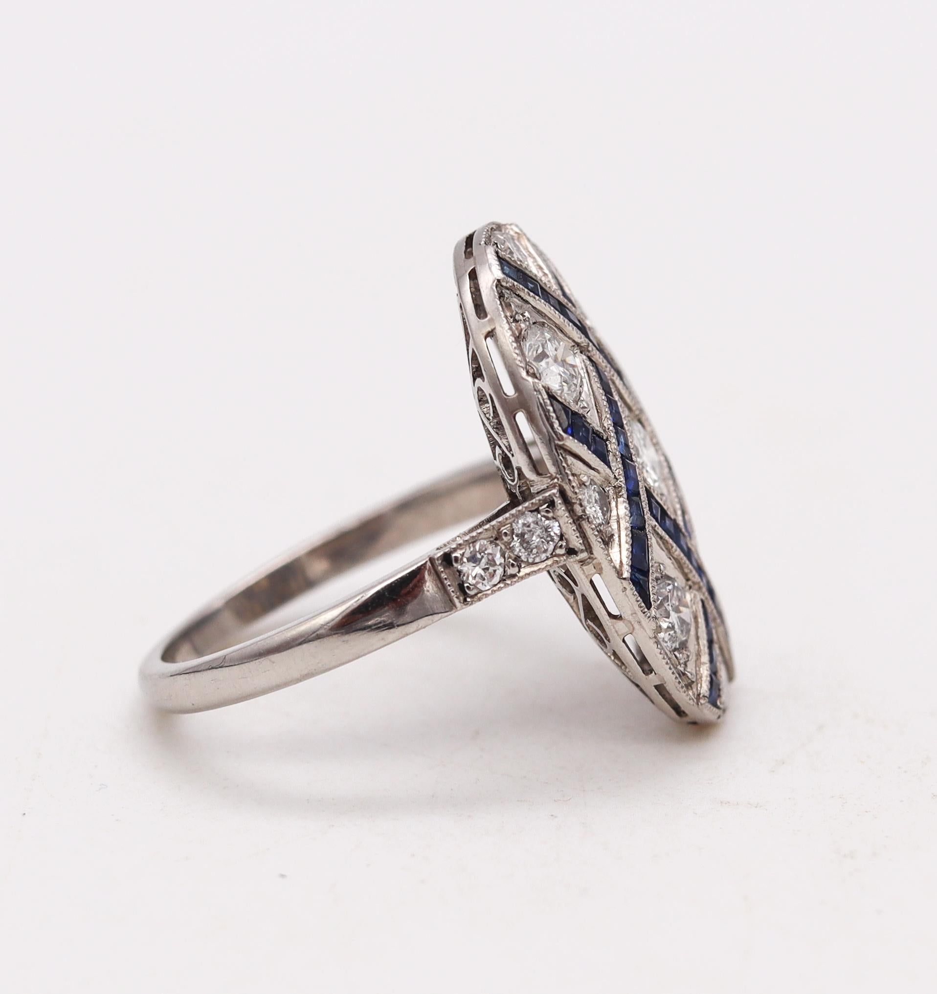 French Cut Art Deco 1930 Geometric Ring in Platinum with 2.34 Cts in Diamonds & Sapphires For Sale