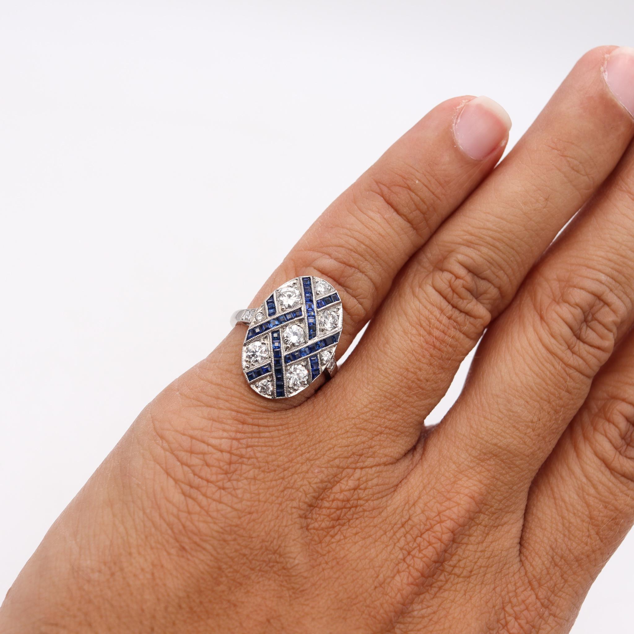 Women's or Men's Art Deco 1930 Geometric Ring in Platinum with 2.34 Cts in Diamonds & Sapphires