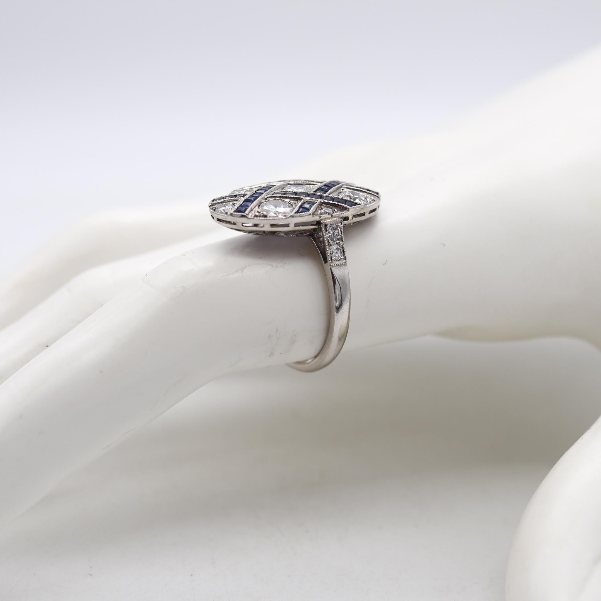 Art Deco 1930 Geometric Ring in Platinum with 2.34 Cts in Diamonds & Sapphires 1