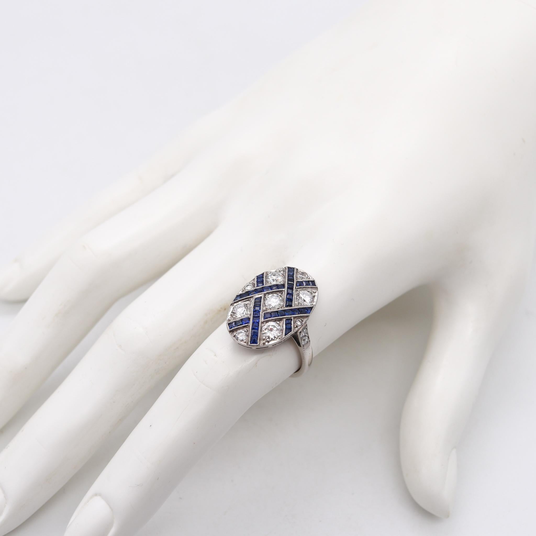 Art Deco 1930 Geometric Ring in Platinum with 2.34 Cts in Diamonds & Sapphires 2