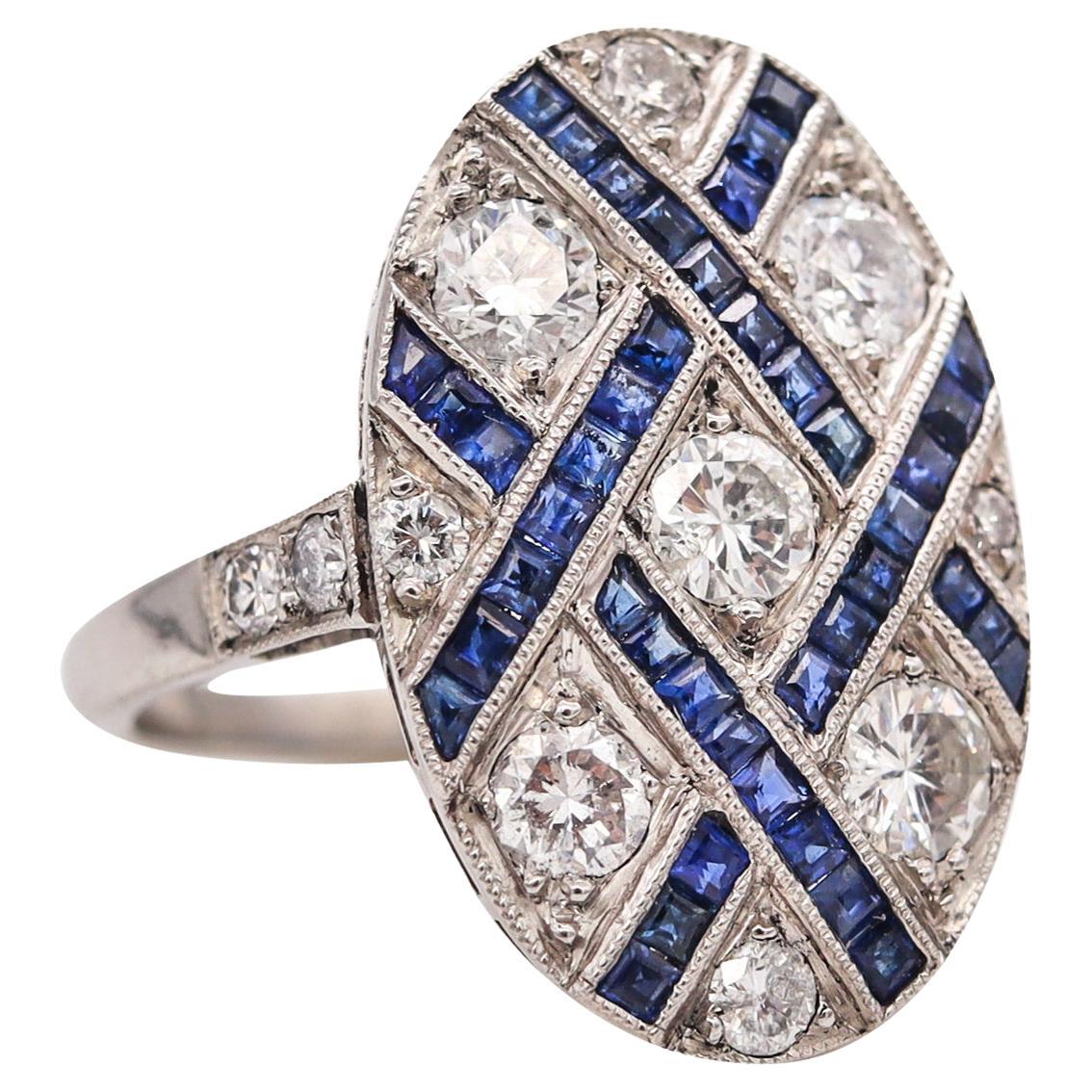Art Deco 1930 Geometric Ring in Platinum with 2.34 Cts in Diamonds & Sapphires For Sale
