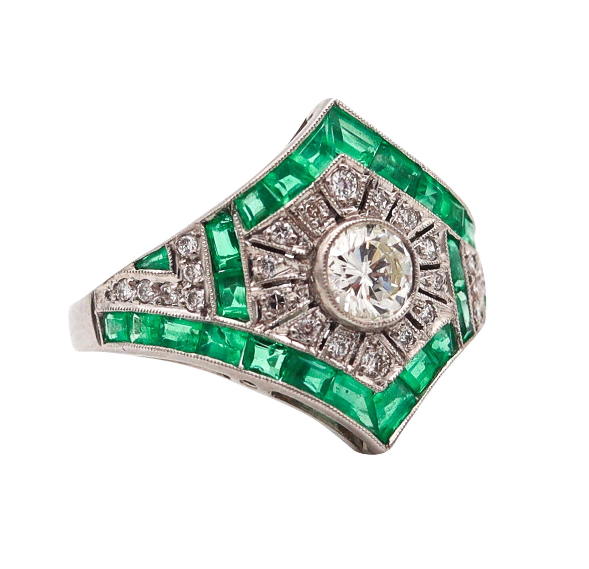 Art Deco ART DECO 1930 Geometric Ring In Platinum With 2.67 Ctw In Diamonds And Emeralds For Sale