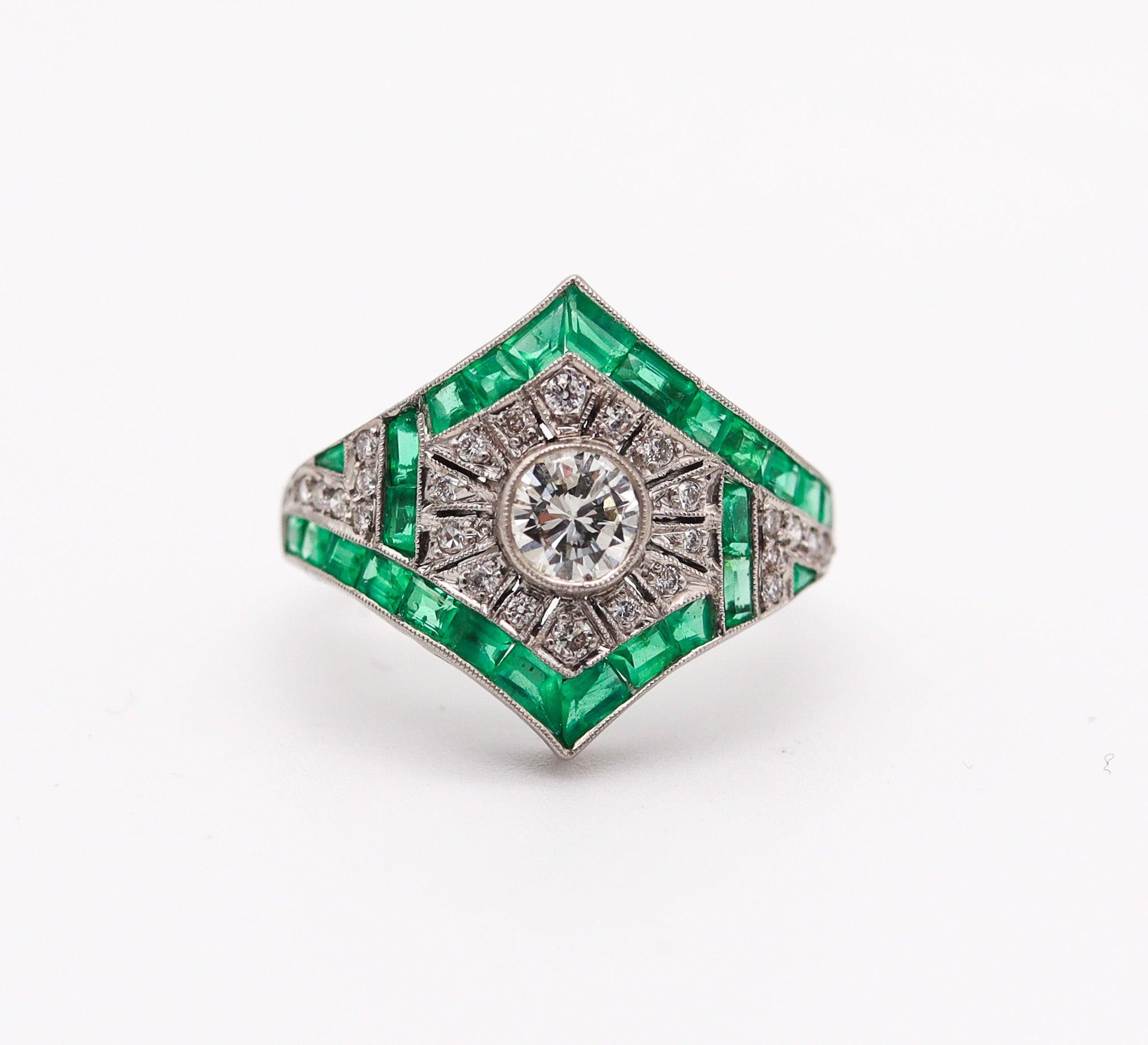 Old European Cut ART DECO 1930 Geometric Ring In Platinum With 2.67 Ctw In Diamonds And Emeralds For Sale