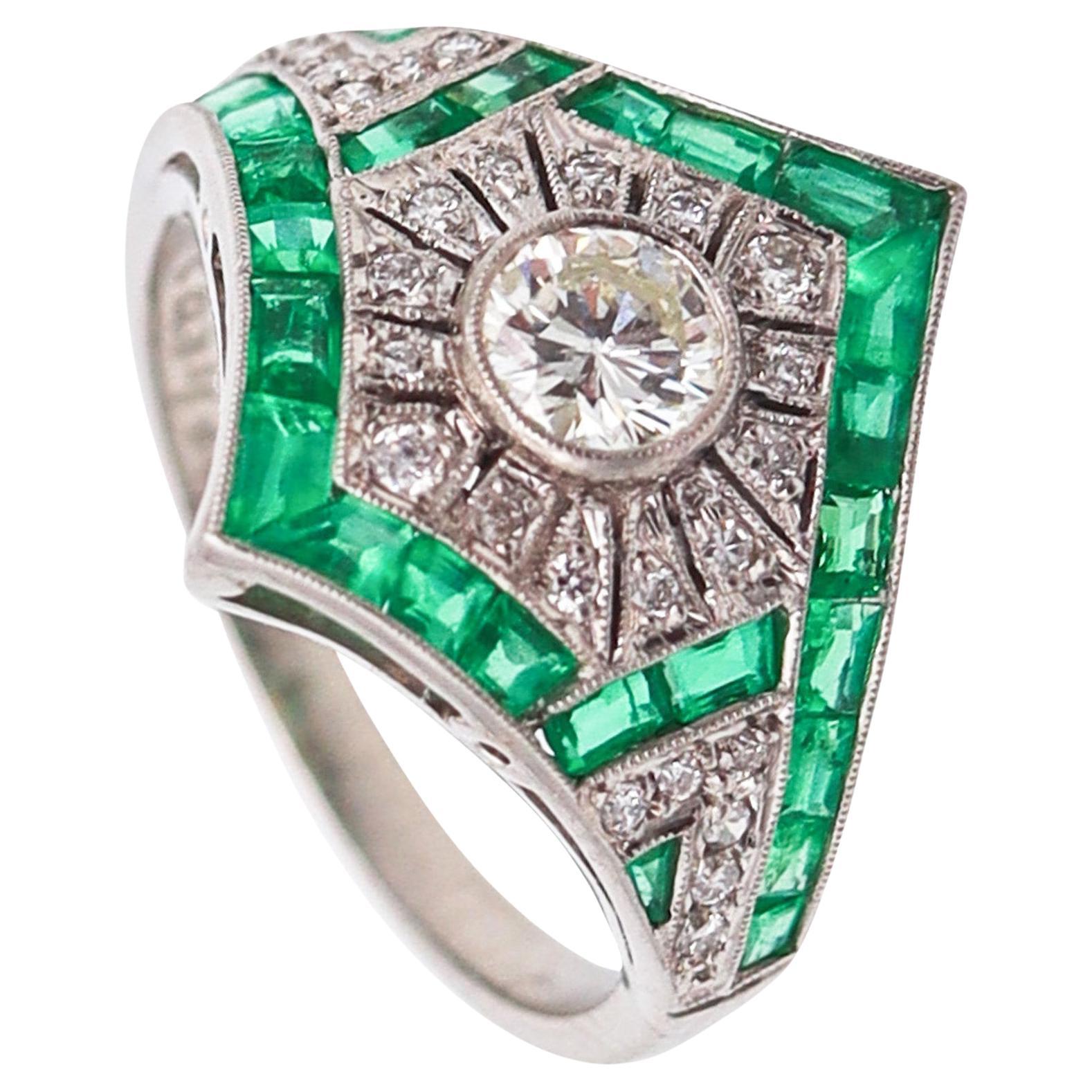 ART DECO 1930 Geometric Ring In Platinum With 2.67 Ctw In Diamonds And Emeralds