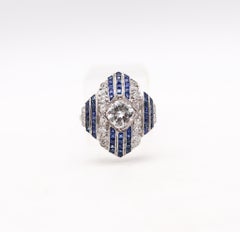 Art Deco 1930 Geometric Ring In Platinum With 3.67 Ctw In Diamonds And Sapphires