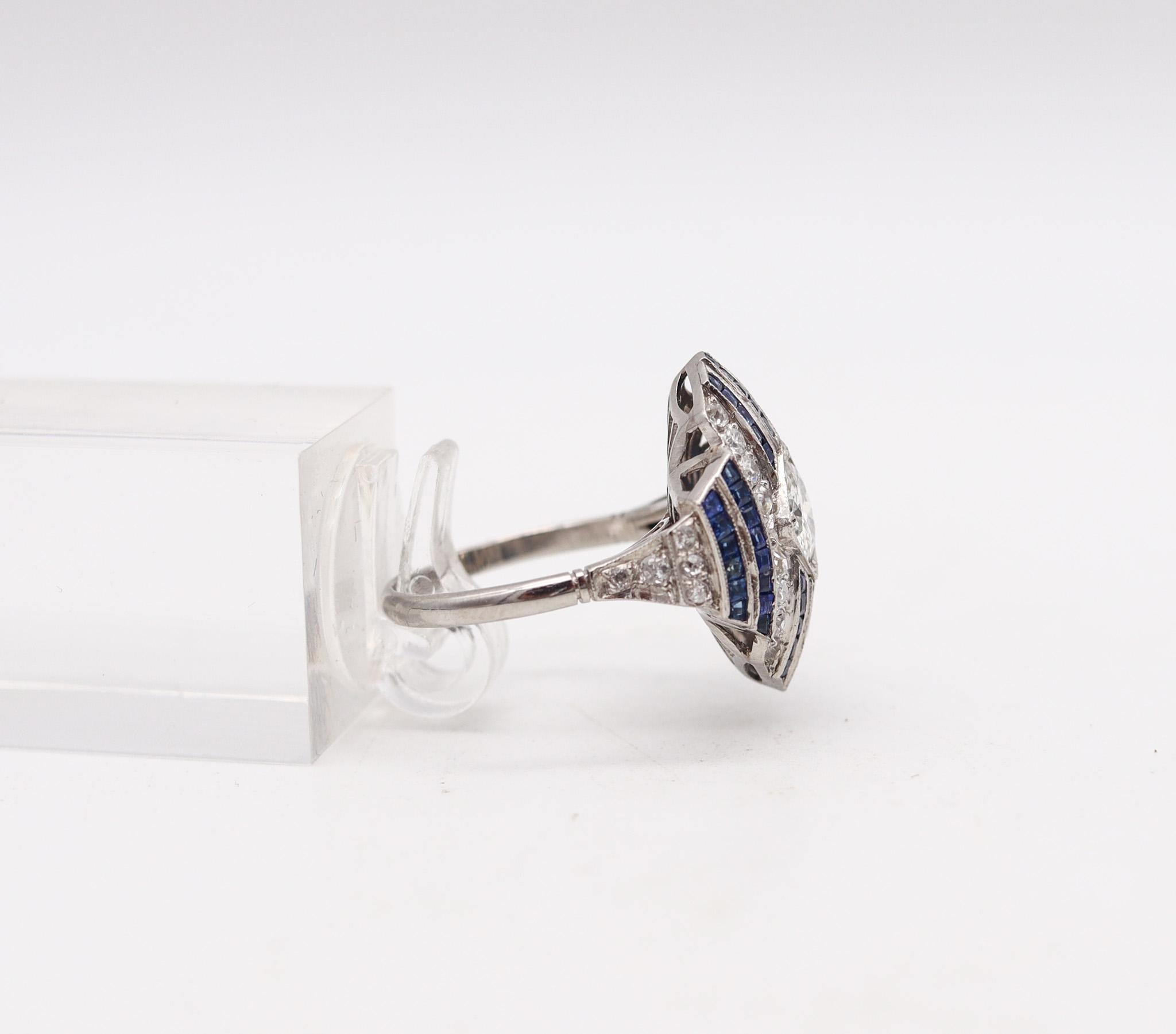 Mixed Cut Art Deco 1930 Geometric Ring In Platinum With 3.67 Ctw In Diamonds And Sapphires For Sale
