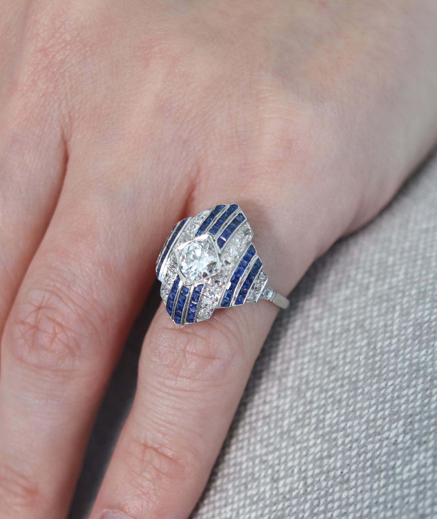 Women's Art Deco 1930 Geometric Ring In Platinum With 3.67 Ctw In Diamonds And Sapphires For Sale