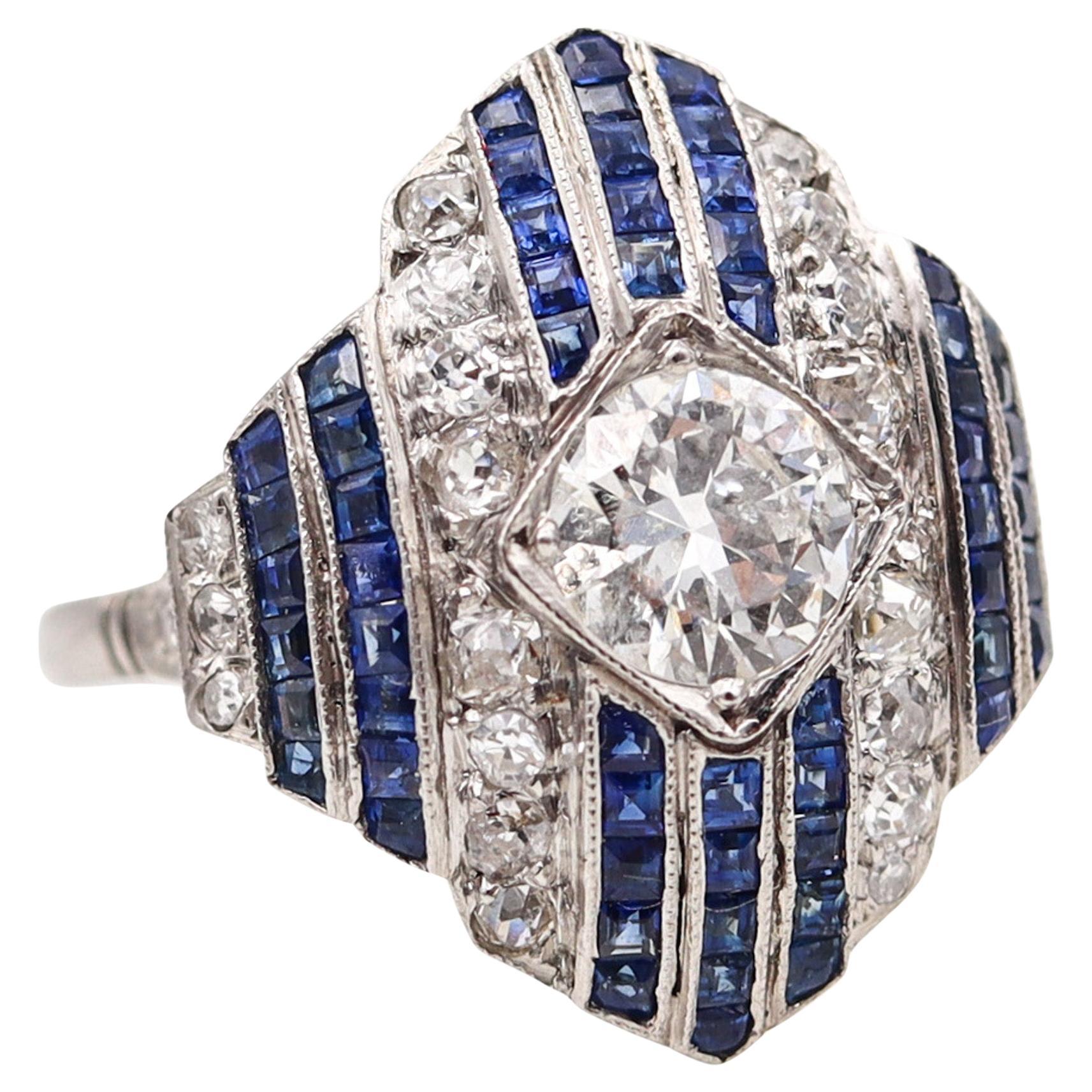 Art Deco 1930 Geometric Ring In Platinum With 3.67 Ctw In Diamonds And Sapphires For Sale