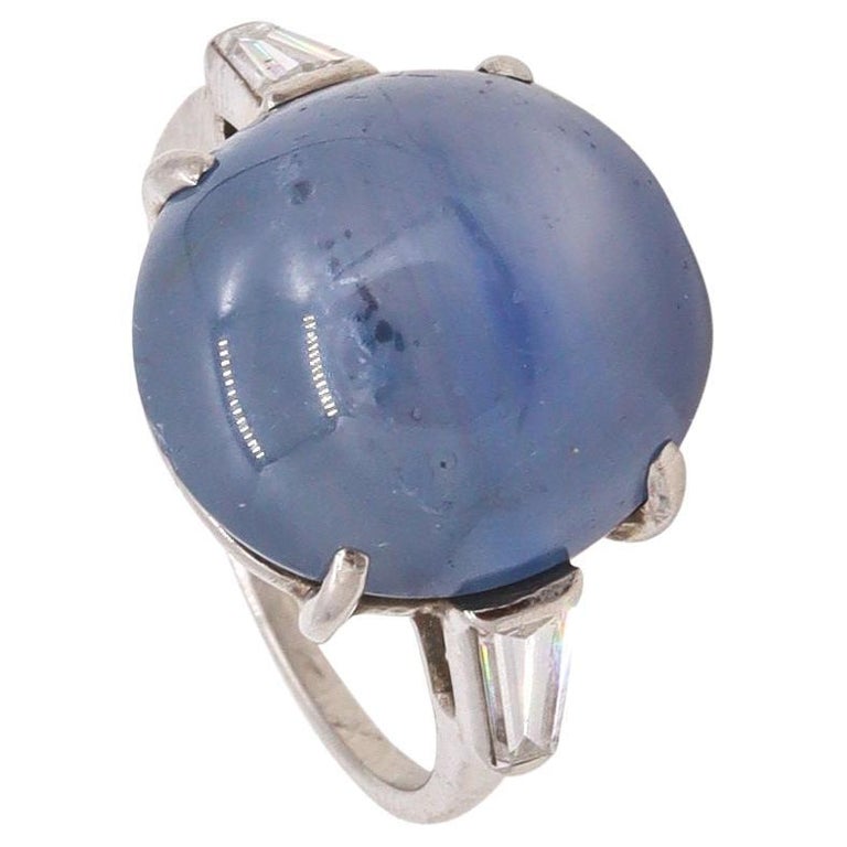 Bague Art Déco Or Blanc 18k Saphir Synthétique Bleu 1,66 Carats Et Diamant - Taille 49