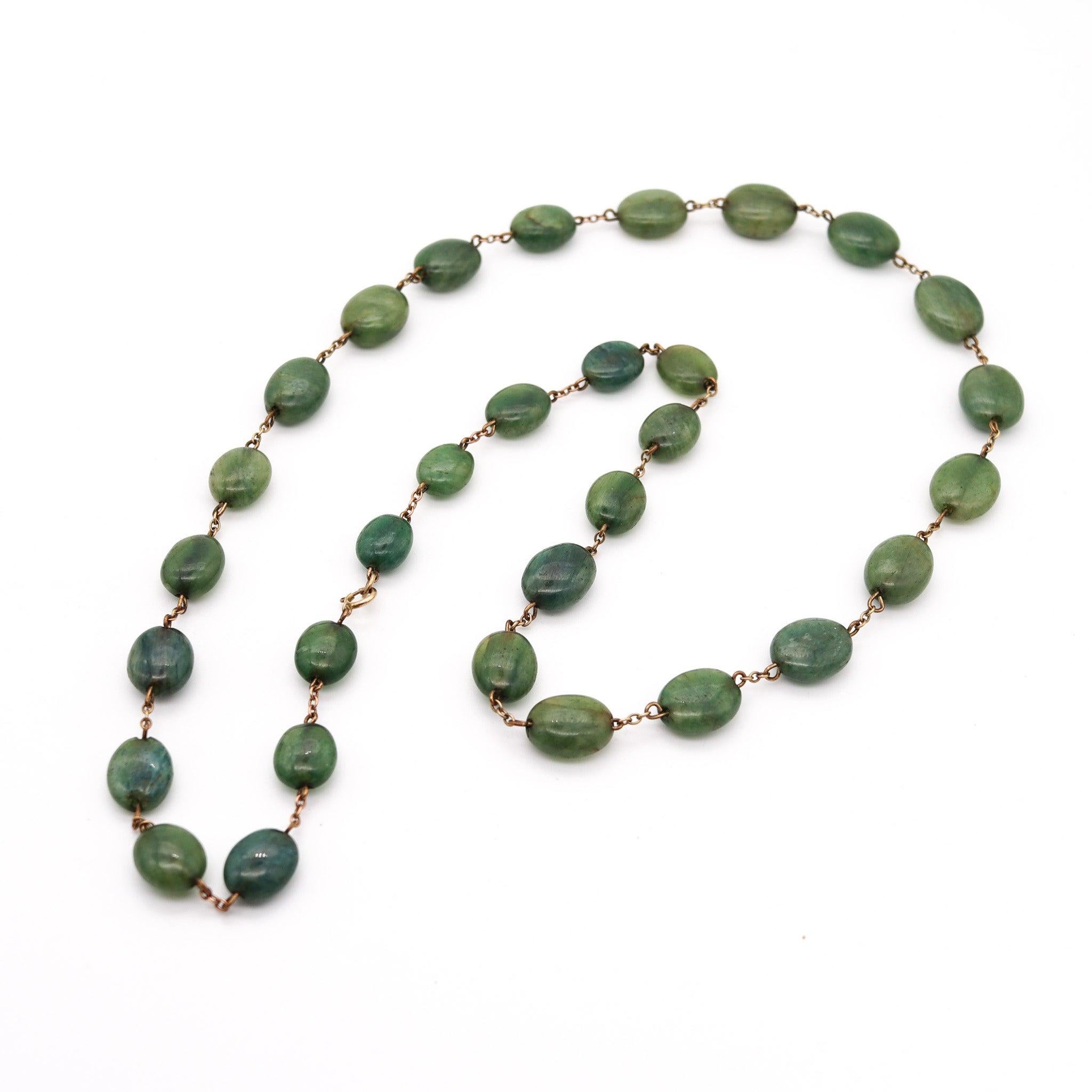Art Deco ART DECO 1930 Graduated Green Jades Necklace In Gilt .900 Sterling Silver For Sale