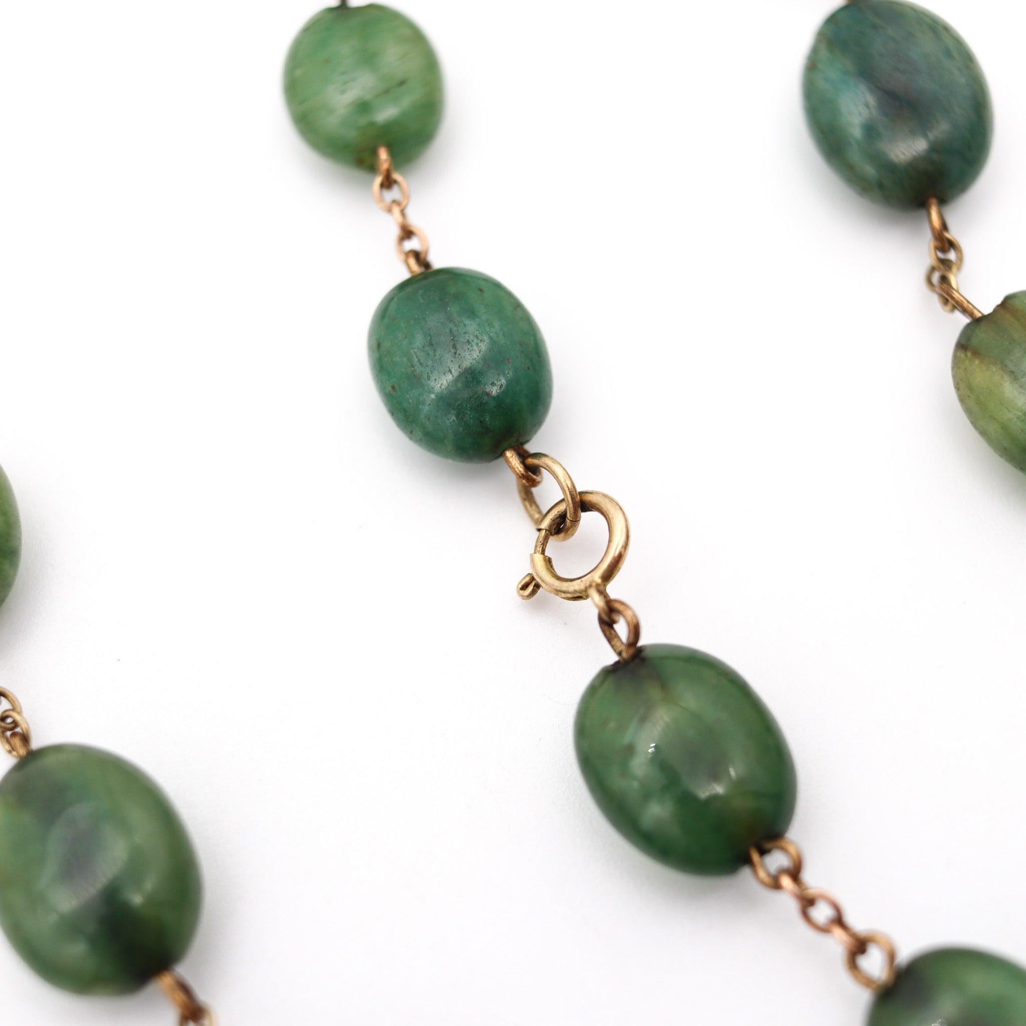Cabochon ART DECO 1930 Graduated Green Jades Necklace In Gilt .900 Sterling Silver For Sale