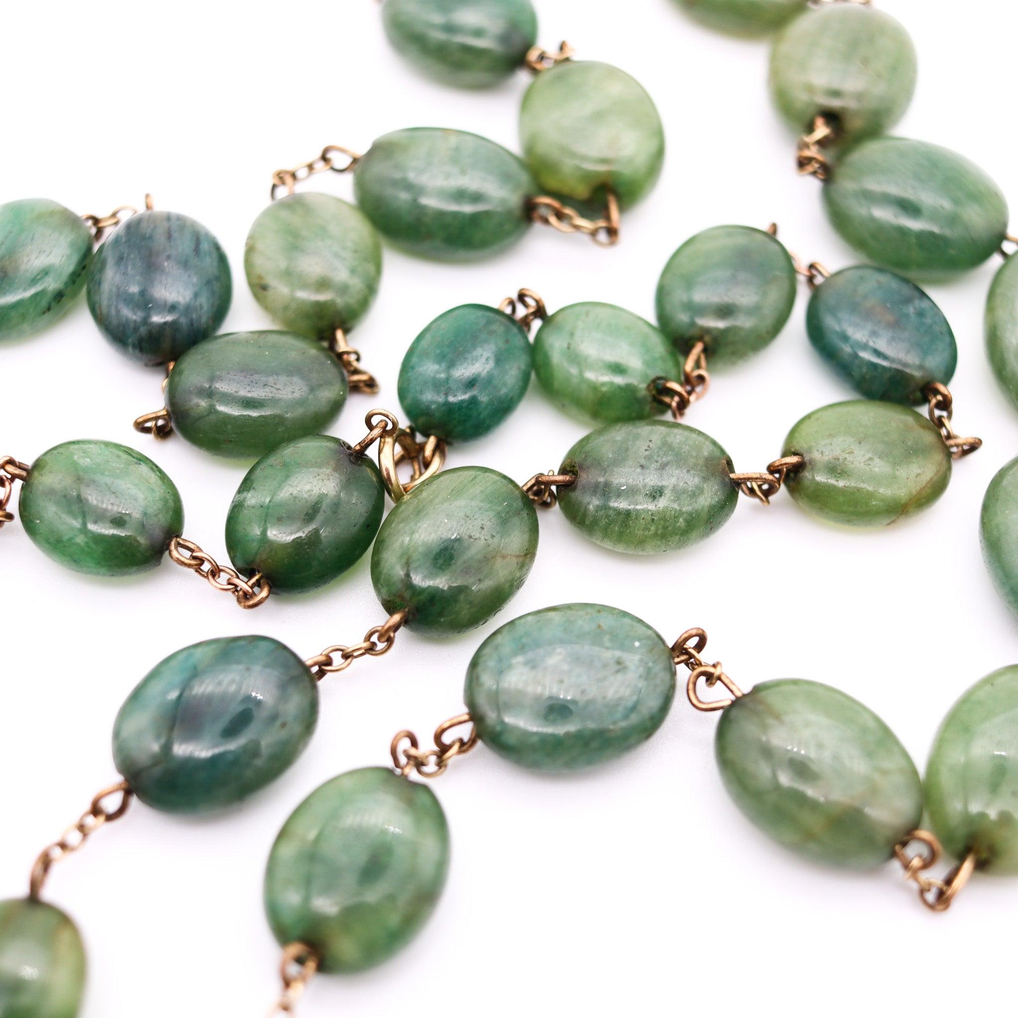 Women's ART DECO 1930 Graduated Green Jades Necklace In Gilt .900 Sterling Silver For Sale