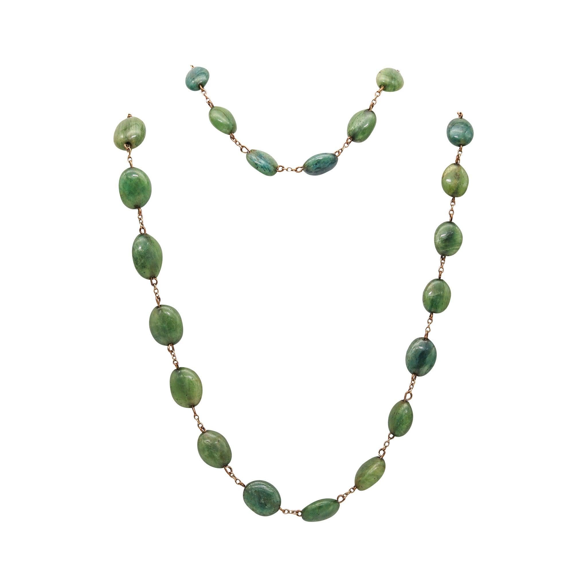 ART DECO 1930 Graduated Green Jades Necklace In Gilt .900 Sterling Silver For Sale 2