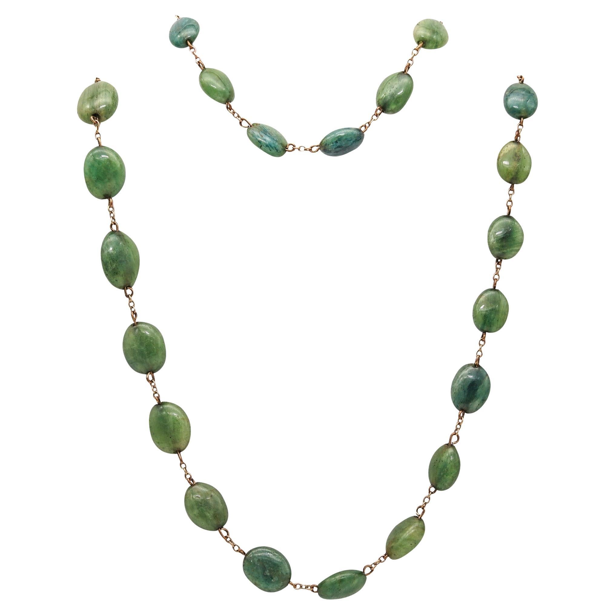 ART DECO 1930 Graduated Green Jades Necklace In Gilt .900 Sterling Silver For Sale