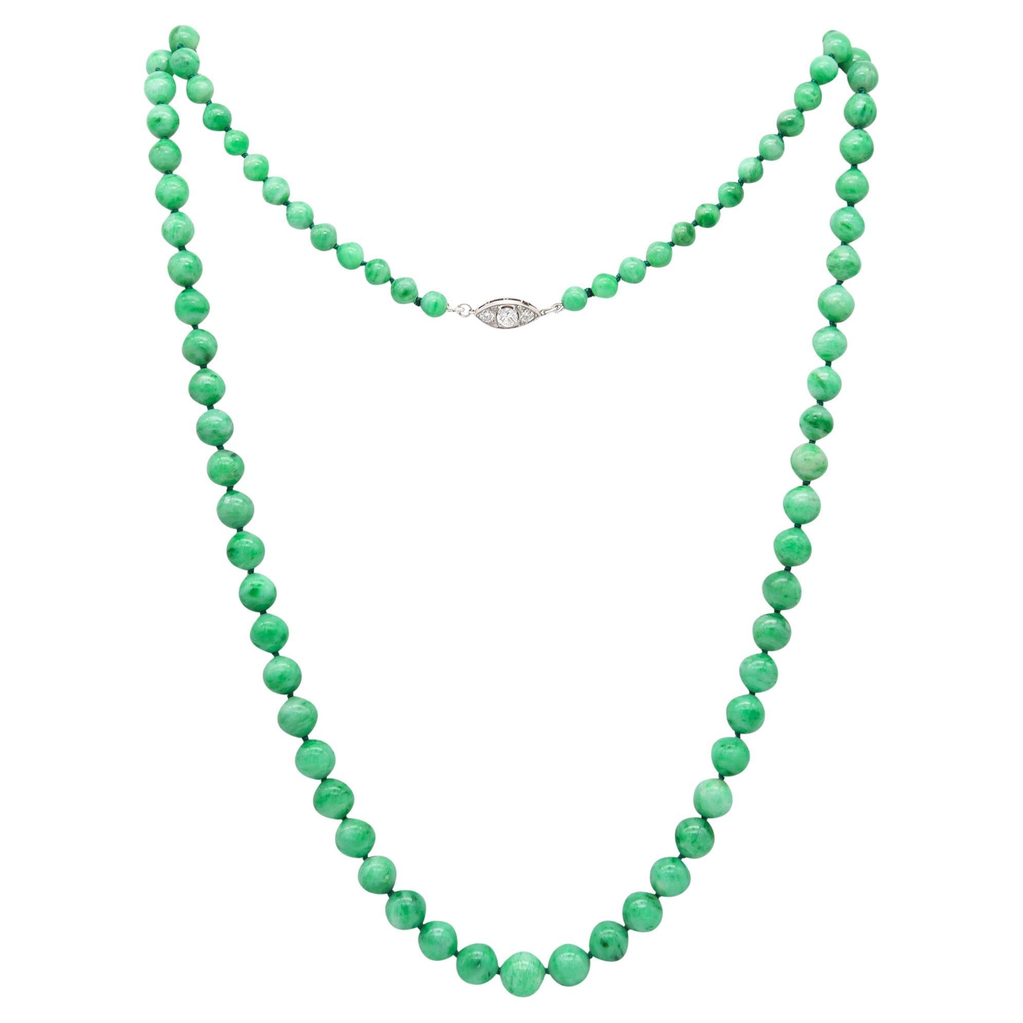 ART-DECO 1930 Graduated Jadeite Green Jade Necklace Sautoir In Platinum &
