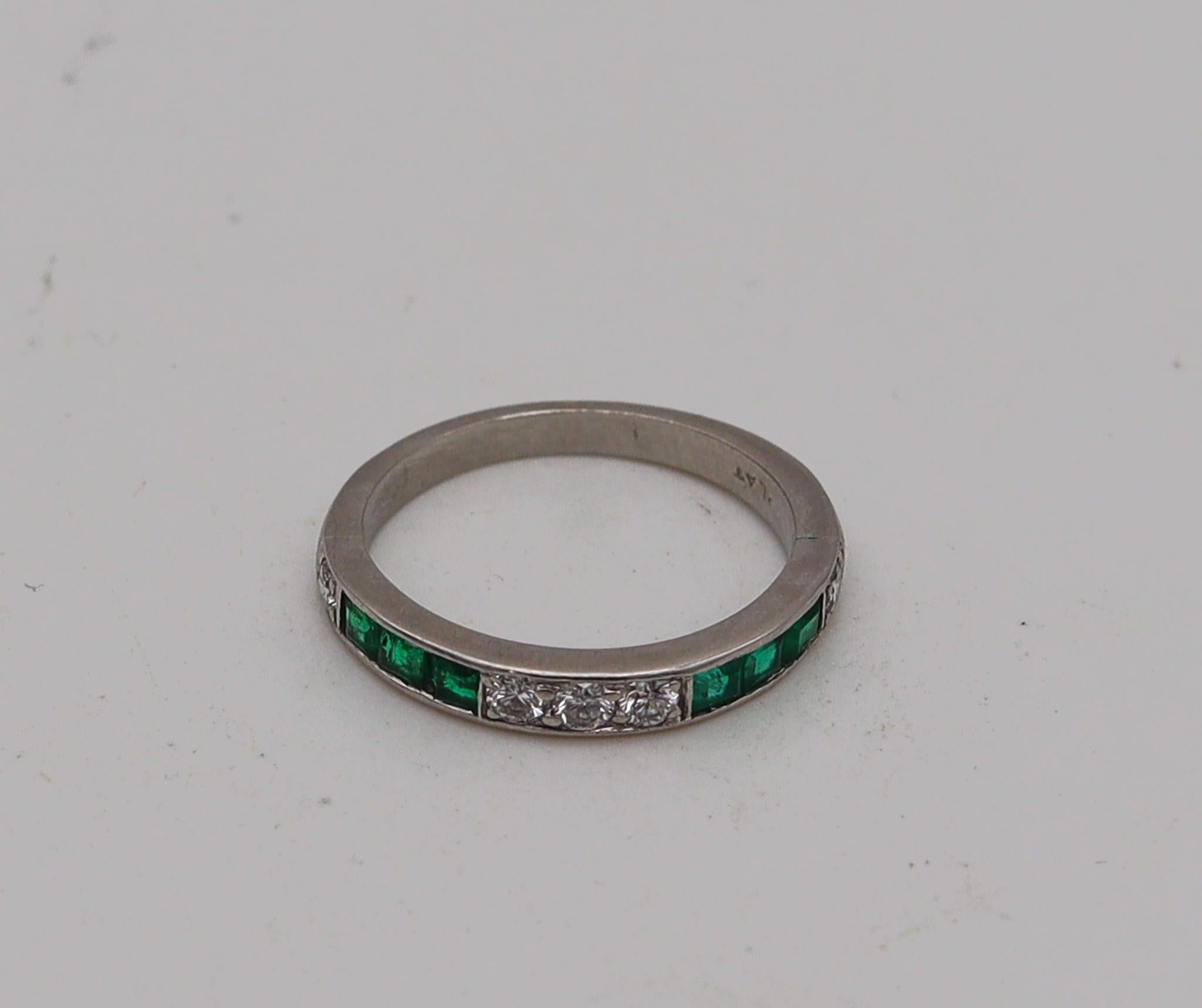 Old European Cut Art Deco 1930 Half Eternity Ring In Platinum With 1.02 Ctw Diamonds And Emeralds For Sale