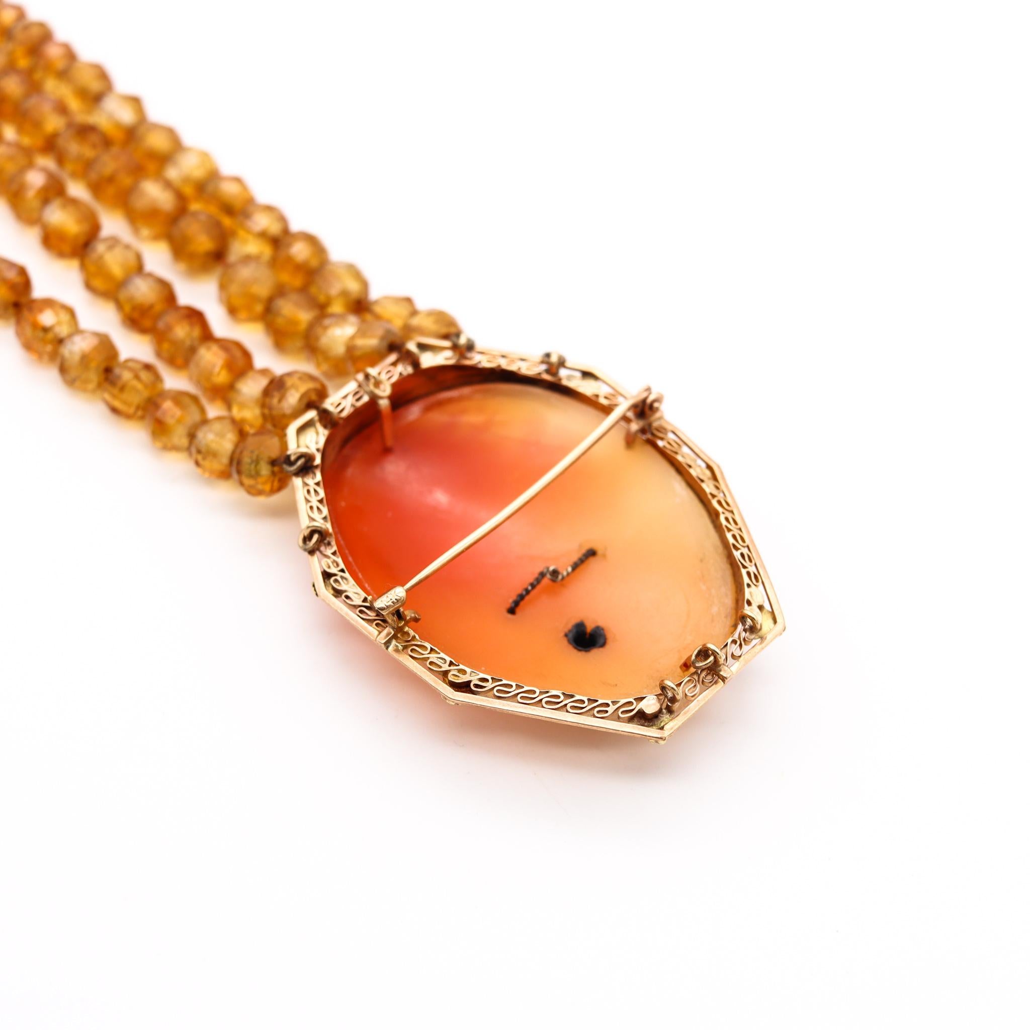 Bead Art Deco 1930 Italy Antique Cameo Necklace 14Kt Yellow Gold With Carved Citrines For Sale